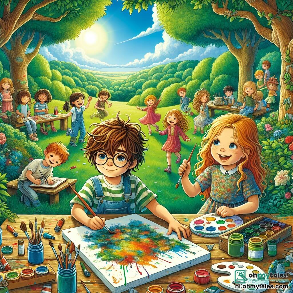 Illustratie van een groep blije kinderen in de open lucht, zittend rond een grote houten tafel in een groen park, omringd door majestueuze bomen met stralend groene bladeren. In het midden schildert een 11-jarig jongetje met tousled kastanjebruin haar en ronde bril op een wit doek, geconcentreerd en lachend, met verfspetters op zijn t-shirt. Naast hem staat een 10-jarig meisje met lang, krullend haar in een kleurrijke jurk, met een penseel in de hand, terwijl ze het jongetje bewonderend aankijkt. Op de achtergrond vermaken andere kinderen van verschillende leeftijden zich met het maken van kunstwerken, lachend en ideeën uitwisselend. De zon straalt in de blauwe lucht, wat een warme en speelse sfeer aan deze zomerse scène toevoegt, vol creativiteit en vriendschap. Verfpallets en potten met felle kleuren liggen verspreid over de tafel, en vogels zingen in de bomen, wat een vleugje magie aan dit moment van artistiek delen toevoegt.
