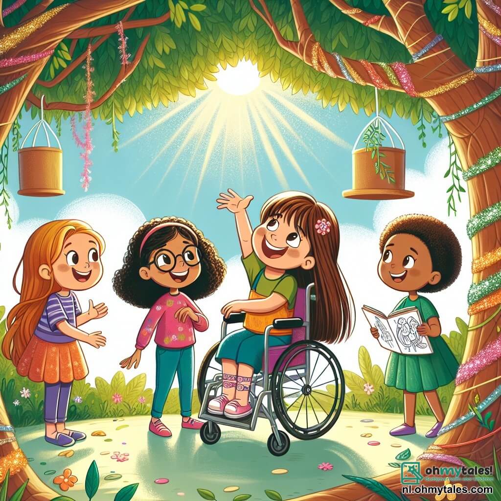 Illustratie van een magische scène in een boomhut, omringd door weelderige takken en glinsterende bladeren onder een zachte zon. Binnen in de hut zijn vier meisjes samengekomen: Een 10-jarig meisje met krullend kastanjebruin haar en ronde bril, die lacht terwijl ze een grap vertelt, met enthousiaste gebaren. Een ander 9-jarig meisje met lang, steil haar, gekleed in een kleurrijke jurk, danst vrolijk, haar lichte voeten bijna boven de grond zwevend. Een 11-jarig meisje, zittend in een rolstoel, met blond haar en een stralende lach, houdt een schetsboek in haar handen en kijkt trots naar haar vriendinnen. Ten slotte een 10-jarig meisje met kort, krullend haar, dat aandachtig naar de tekeningen in het schetsboek kijkt, met een geconcentreerde uitdrukking op haar gezicht. De belangrijkste situatie toont het meisje in de rolstoel dat haar tekeningen deelt met haar vriendinnen, wat een moment van zelfvertrouwen en kameraadschap illustreert. Kleurrijke bloemenkransen versieren de hut, en zonnestralen filteren door de bladeren, wat een warme en uitnodigende sfeer creëert. Het gelach en de glimlachen van de meisjes stralen vreugde en acceptatie uit.