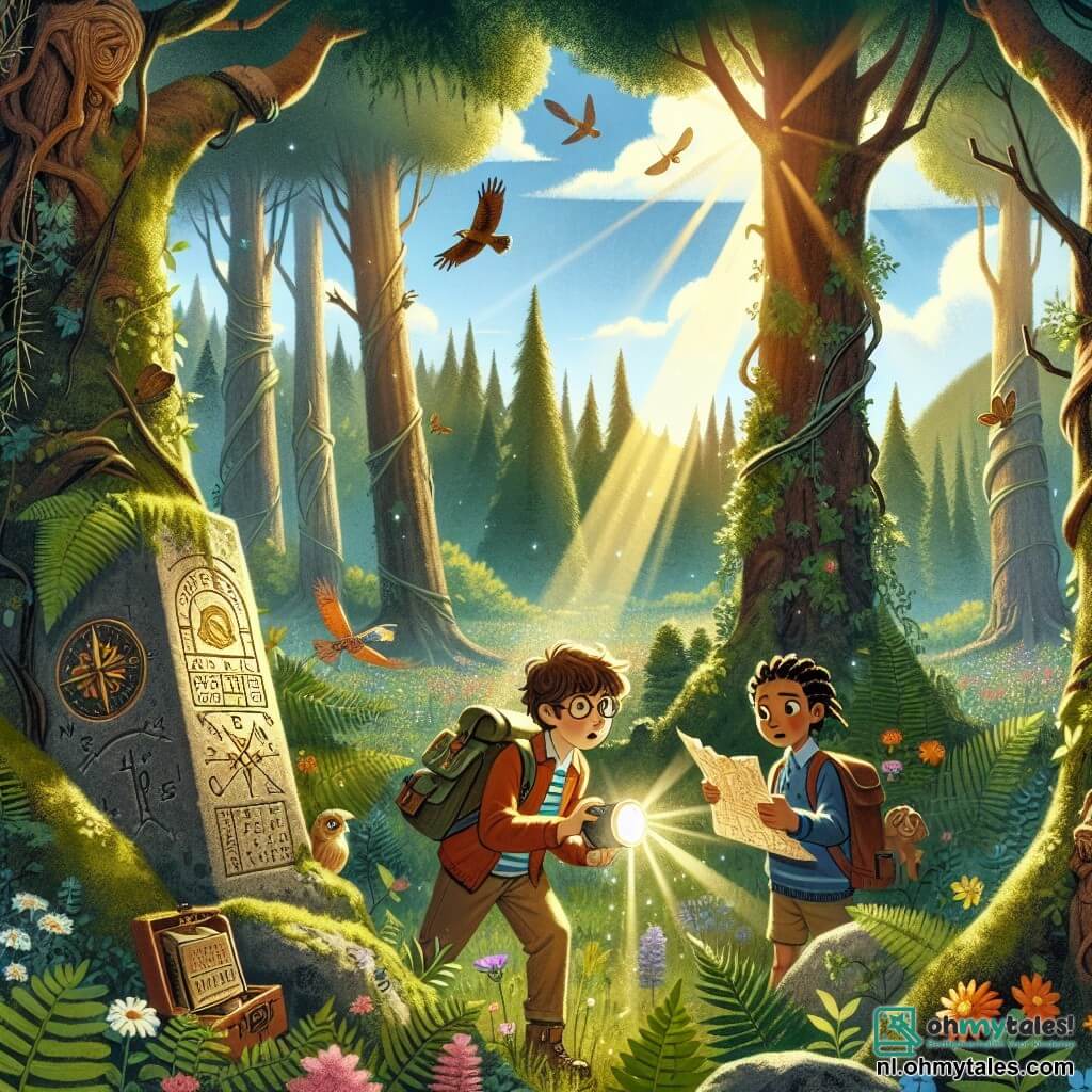 Illustratie die een magische scène in een betoverd bos weergeeft, waar grote bomen met knoestige stammen omhoog reiken naar een blauwe lucht bezaaid met donzige witte wolken. Zonne-stralen filteren door het dichte loof en verlichten een kleine open plek vol kleurrijke bloemen en weelderige varens. In het midden van de afbeelding staat een jongen van ongeveer 12 jaar met rommelig bruin haar en ronde bril, die een oude kaart in zijn handen houdt, met een geconcentreerde en nieuwsgierige uitstraling. Naast hem staat een meisje van 11 jaar met gevlochten blond haar, die een rugzak vol verkenningsspullen draagt en aandachtig de symbolen op een oude steen bestudeert. Een jonge jongen van 8 jaar, met kastanjebruin haar en een ondeugende glimlach, zwaait met een kleine zaklamp en verlicht de mysterieuze inscripties op de steen. De hoofdactie toont de kinderen die een oud geheim ontdekken dat in het bos verborgen is. Extra grafische elementen zijn een oude glanzende kompas op de grond, kleurrijke vogels die op takken zitten, en vlinders die rond de bloemen fladderen, wat een vleugje magie aan deze avontuurlijke scène toevoegt.