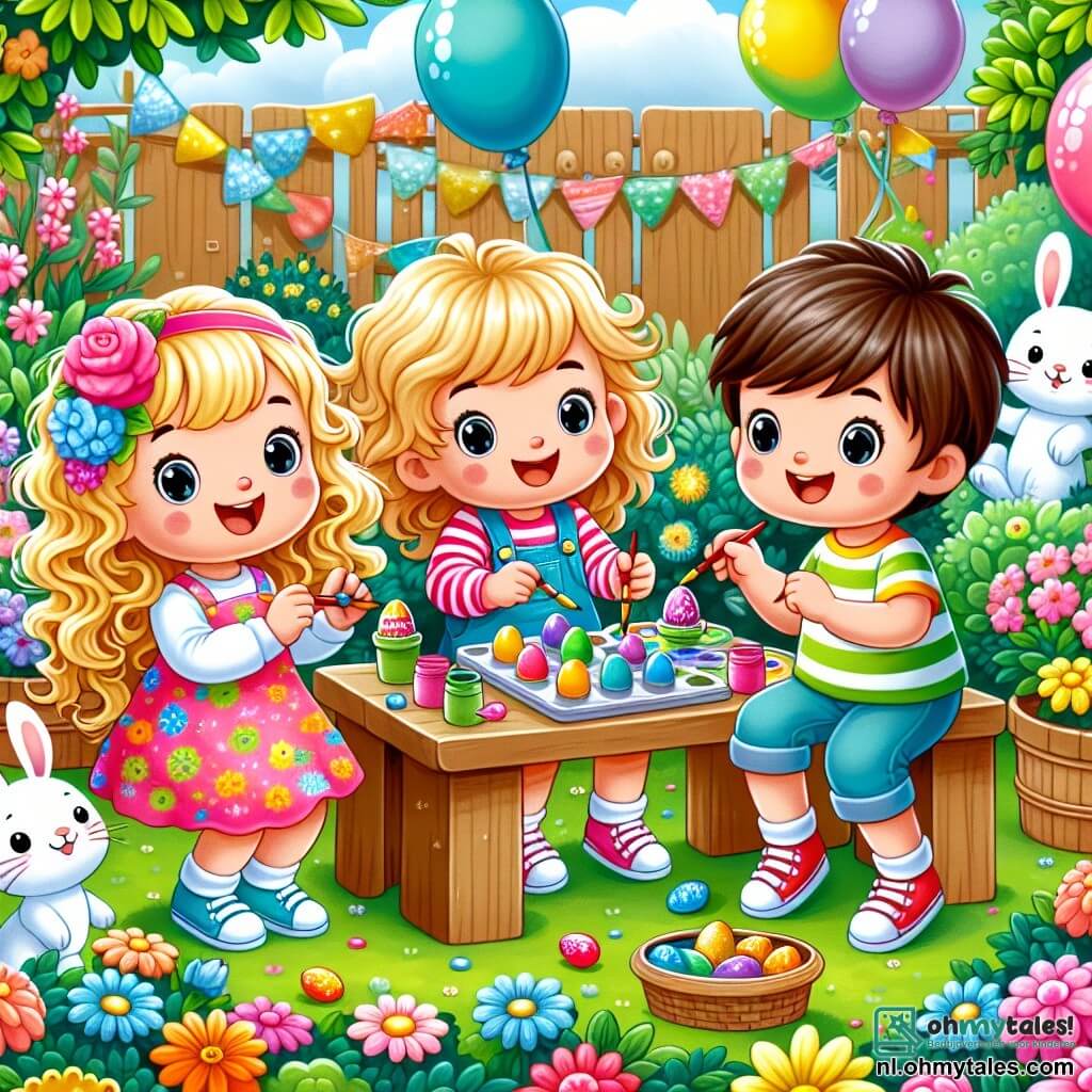Une illustration sous forme de dessin destinée aux enfants représentant une joyeuse scène de jardin au printemps, avec un groupe de trois enfants de cinq ans, deux filles aux cheveux bouclés et blonds, vêtues de robes colorées, et un garçon aux cheveux bruns, portant un t-shirt à rayures, tous en train de peindre des œufs de Pâques multicolores sur une table en bois, entourés de fleurs éclatantes et de ballons flottants, tandis qu'un petit lapin blanc curieux les observe depuis un buisson, créant une atmosphère festive et joyeuse.