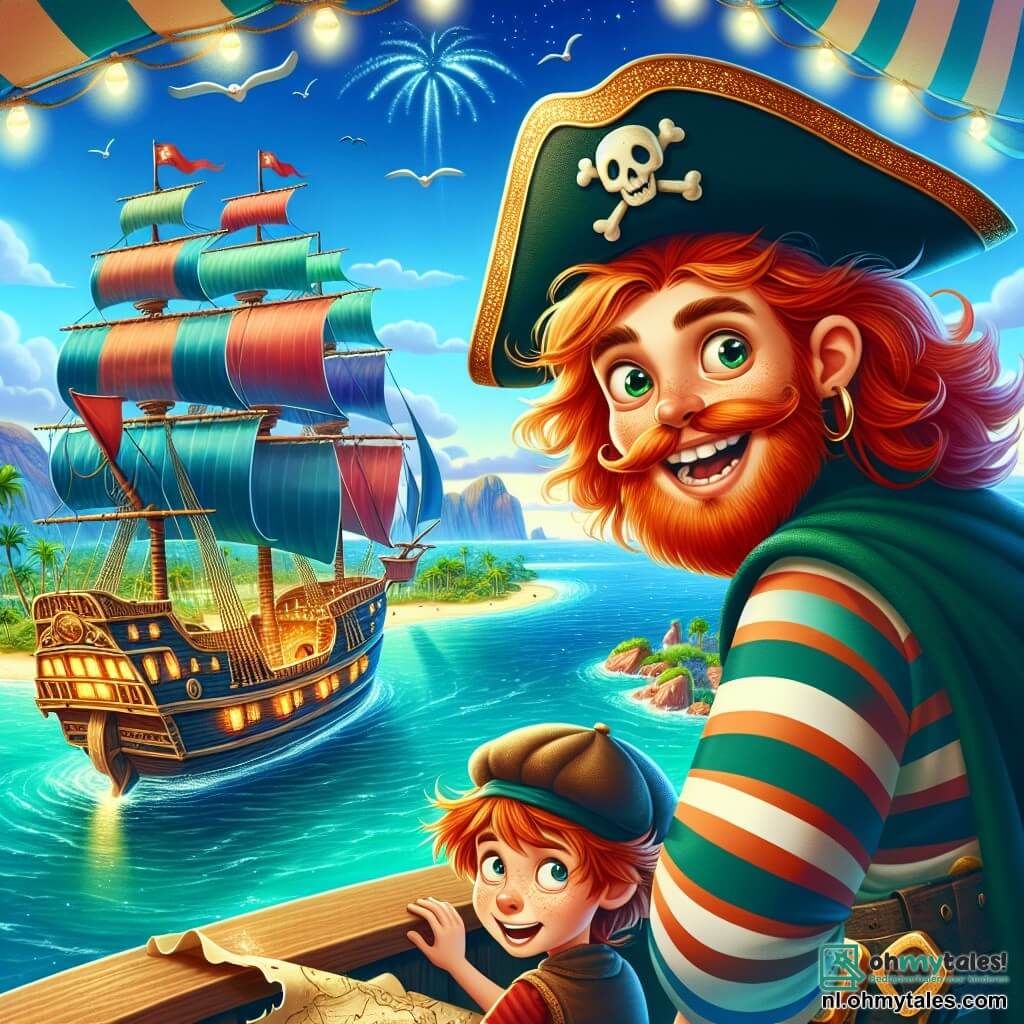 Une illustration sous forme de dessin destinée aux enfants représentant un magnifique bateau pirate aux voiles colorées flottant sur une mer turquoise, avec un homme au regard pétillant et à la barbe rousse, vêtu d'un chapeau de pirate et d'une chemise rayée, tenant une carte au trésor avec enthousiasme, tandis qu'un jeune garçon aux cheveux ébouriffés et à la grande casquette l'observe avec des yeux écarquillés, tous deux se tenant sur le pont du navire, prêts à explorer un mystérieux île au loin, entourée de palmiers et de rochers scintillants, évoquant l'excitation d'une aventure pleine de trésors et de mystères.