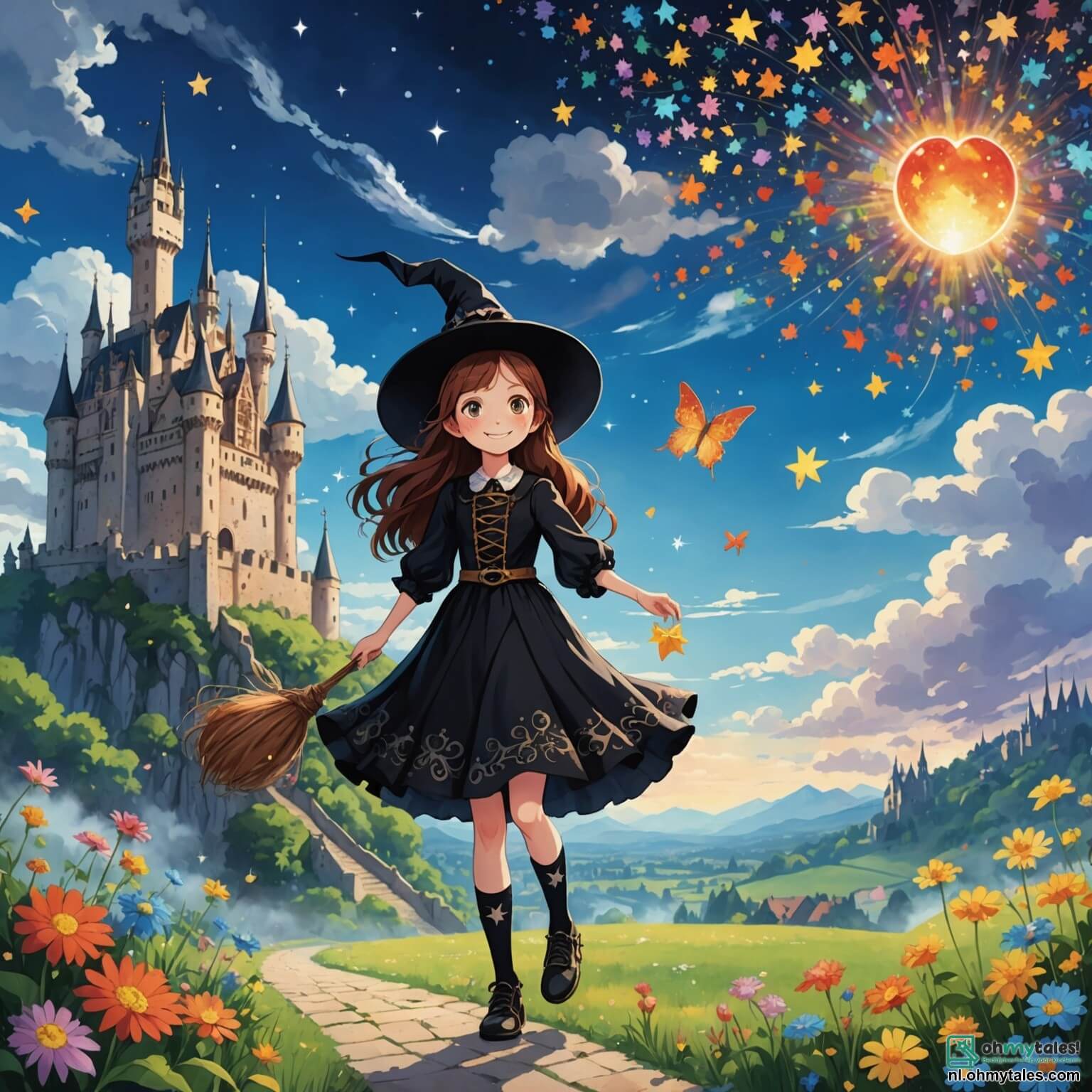 Une illustration destinée aux enfants représentant une jeune sorcière aux longs cheveux ondulés couleur châtaigne, portant une robe noire ornée de motifs étoilés et des chaussettes multicolores, se tenant devant un château majestueux flottant dans les cieux, entouré de nuages scintillants et de fleurs parlantes, alors qu'elle s'apprête à découvrir une magie ancienne avec ses deux amis, un garçon au sourire éclatant et au cœur d'or, et une fille aux lunettes rondes, plongée dans ses livres, tous trois prêts à affronter des défis enchantés dans la mystérieuse forêt qui les entoure, où des créatures fantastiques et des secrets oubliés les attendent.