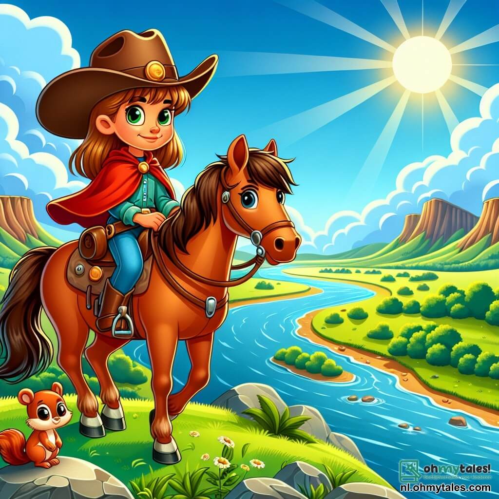 Une illustration sous forme de dessin destinée aux enfants représentant une vaste prairie ensoleillée, avec des collines verdoyantes à l'horizon et un ciel bleu éclatant, où une jeune cowgirl courageuse aux cheveux châtains, portant un grand chapeau de cowboy et une poncho rouge, monte fièrement son cheval roux, tandis qu'une petite éekhoorn curieuse l'observe depuis une pierre, alors qu'elle se prépare à traverser la Grande Rivière pour partir à l'aventure à la recherche d'une mystérieuse trésor caché dans les montagnes.