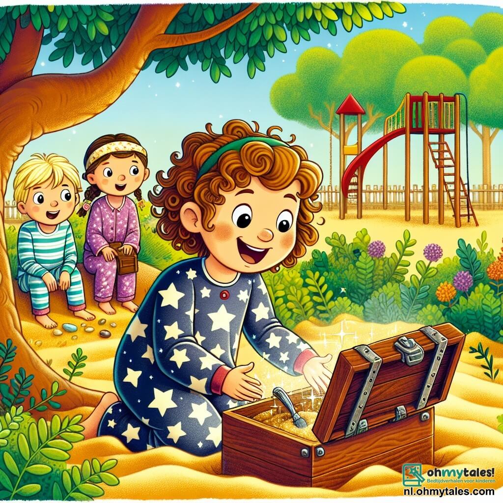 Une illustration sous forme de dessin destinée aux enfants représentant un parc ensoleillé avec une grande aire de jeux, où une fille de 7 ans aux cheveux bruns et bouclés, portant une pyjama étoilée, est à genoux en train de fouiller dans le sable à la recherche d'une vieille boîte en bois, tandis que deux amis, un garçon aux cheveux blonds et une fille aux cheveux lisses et châtains, l'observent avec des yeux émerveillés, tous trois partageant un moment d'excitation et de découverte en espérant trouver une trésor caché.