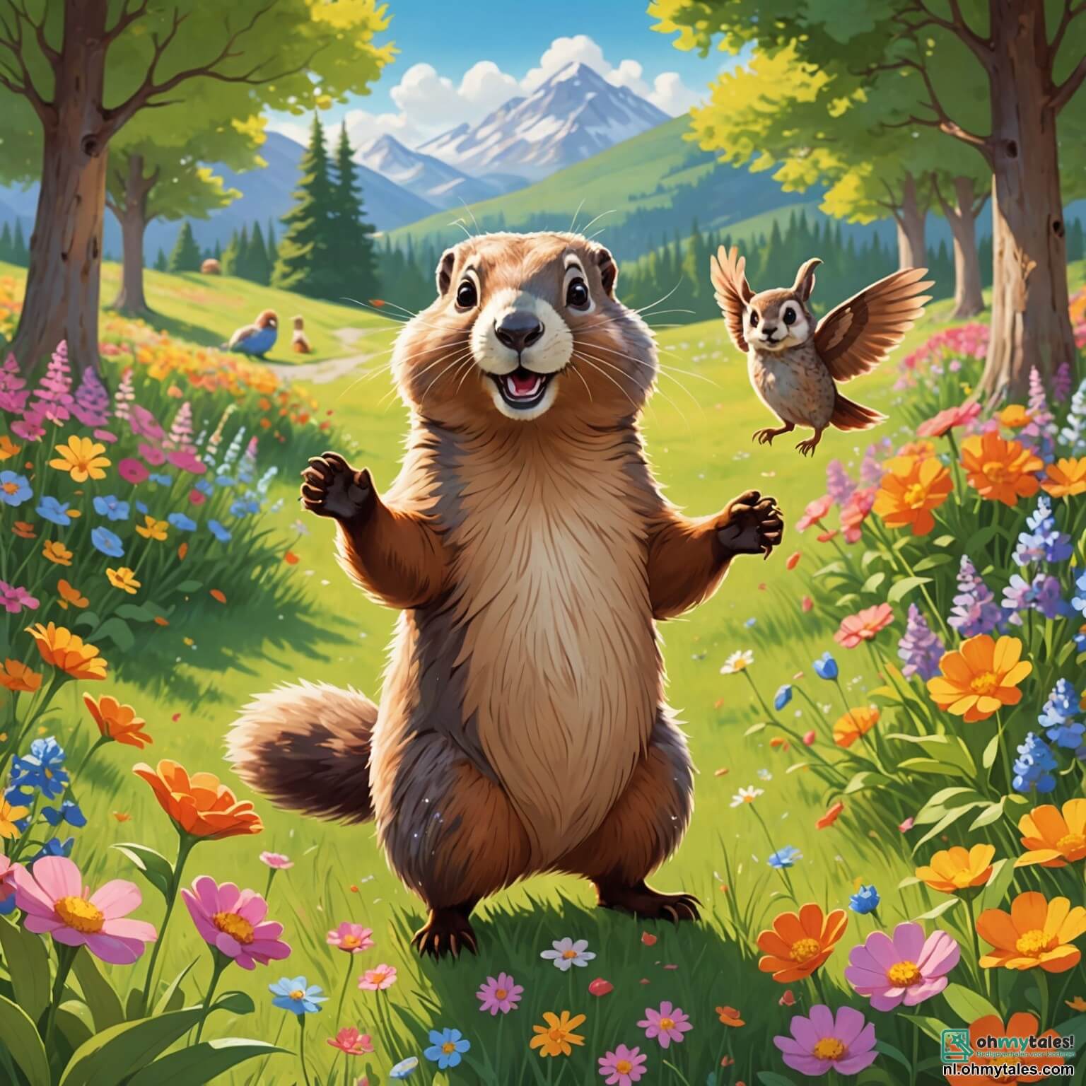 Une illustration destinée aux enfants représentant une marmotte au pelage doux et chatoyant, aux yeux pétillants de malice, se tenant joyeusement au milieu d'une clairière ensoleillée, entourée de fleurs colorées qui dansent au gré du vent, tandis qu'elle s'apprête à préparer une délicieuse tartes aux carottes avec l'aide de son ami le petit lapin aux grandes oreilles et du sage hibou perché sur une branche, le tout dans un forêt enchantée où les rayons du soleil filtrent à travers les feuillages verdoyants, créant un tableau féerique rempli de rires et d'amitié.