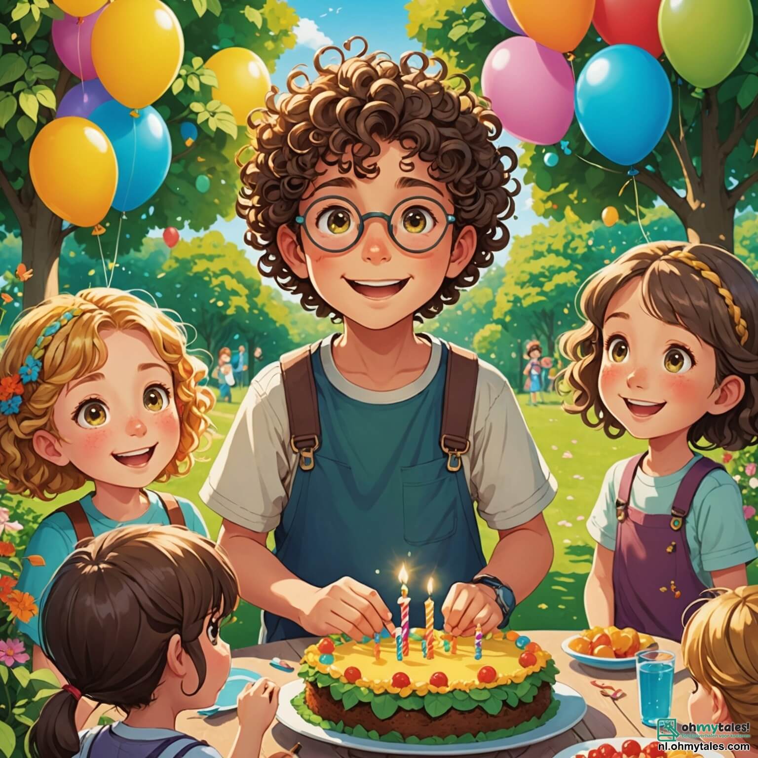 Une illustration destinée aux enfants représentant un garçon aux cheveux bouclés et aux yeux pétillants, débordant d'énergie et de curiosité, qui, dans un jardin ensoleillé rempli de fleurs colorées, de grands arbres aux feuilles verdoyantes et d'une table décorée de ballons multicolores, organise avec ses amis, une fille aux tresses dorées et une autre fille aux lunettes rondes, un joyeux anniversaire tout en apprenant à prendre soin de la planète en ramassant des déchets et en plantant un arbre, le tout sous un ciel bleu parsemé de nuages cotonneux, où le chant des oiseaux accompagne leur aventure écologique.