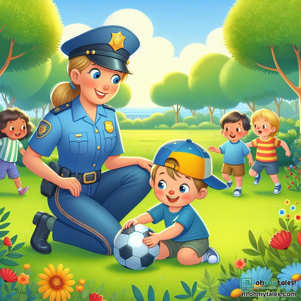 Une illustration sous forme de dessin destinée aux enfants représentant un parc ensoleillé avec de grands arbres verts et des fleurs colorées, où une femme policière souriante, portant un uniforme bleu et un chapeau, est accroupie à côté d'un petit garçon aux yeux pétillants et à la grande casquette jaune, en train de chercher une balle de sport brillante dans l'herbe, tandis que plusieurs enfants aux cheveux blonds et bruns, jouant autour d'eux, les observent avec curiosité et enthousiasme, illustrant ainsi l'esprit d'entraide et d'amitié dans leur quête pour retrouver la balle disparue.