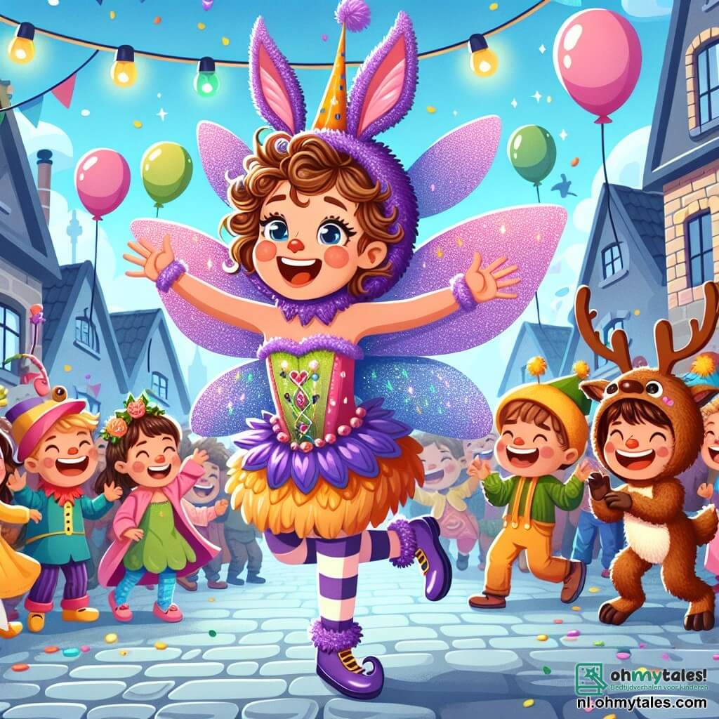 Une illustration sous forme de dessin destinée aux enfants représentant une scène colorée de carnaval dans un petit village, avec une fille de 4 ans aux cheveux bouclés et aux yeux pétillants, vêtue d'un costume de vlinder aux ailes violettes scintillantes, qui danse joyeusement au milieu de la foule, entourée de plusieurs enfants, dont un garçon en costume de cerf avec une grande tête de cerf en carton, tous deux riant et s'amusant tout en cherchant leurs parents perdus, avec des ballons colorés flottant dans le ciel bleu et des décorations festives illuminant la scène.