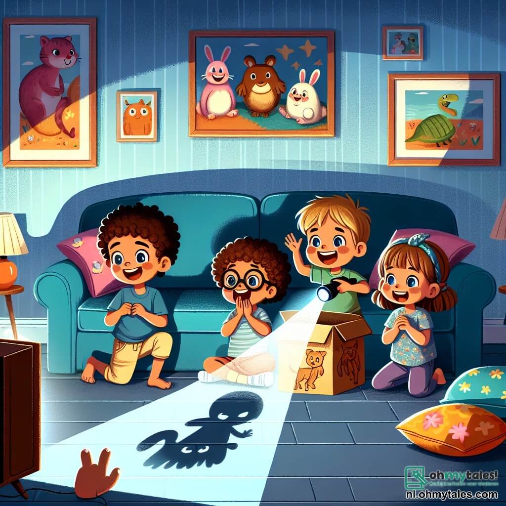 Illustratie van een scène in een donkere woonkamer, waar het licht van een televisiescherm de ruimte zwak verlicht. De muren zijn geschilderd in zachte blauwe tinten, en kleurrijke kussens liggen verspreid over een grote, zachte bank. In het midden van de kamer zijn drie kinderen verzameld: een achtjarige jongen met krullend haar en een stralende glimlach, die een grote kartonnen doos vasthoudt versierd met tekeningen van dieren. Naast hem lacht een andere achtjarige jongen met een bril en bruin haar terwijl hij een zaklamp vasthoudt die grappige schaduwen op de muur projecteert. Ten slotte verstopt een zevenjarig meisje met vlechten en een bloemenjurk zich achter de bank, met sprankelende ogen vol nieuwsgierigheid. De hoofdactiviteit toont de kinderen die een avontuurlijk spel spelen in het donker, gebruikmakend van het licht van de zaklamp om vormen op de muren en het plafond te creëren, waardoor hun angst voor het donker verandert in een moment van vreugde en plezier. Extra grafische elementen zijn grappige schaduwen op de muren, verspreide popcornzakken om hen heen, en papieren sterren die aan het plafond hangen, wat een magische sfeer aan de scène toevoegt.