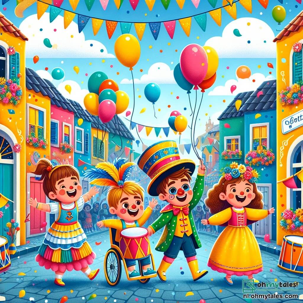 Illustratie van een levendige scène van een carnaval in een kleurrijk dorp. Op de achtergrond staan huizen met stralende kleuren, versierd met bloemen en ballonnen die in de lucht zweven. De lucht is blauw en zonnig, met enkele witte, donzige wolken. Op de voorgrond staan drie kinderen samen. Een jongen van ongeveer 8 jaar met bruin haar en een grote rode pet glimlacht vrolijk terwijl hij zijn armen omhoog steekt. Naast hem staat een andere jongen van ook 8 jaar met blond haar, die een glanzende gele cape draagt en enthousiast danst. Tot slot zit een 7-jarig meisje met krullend haar en een kleurrijke jurk in een rolstoel, met een grote blauwe ballon in haar hand, haar gezicht straalt van blijdschap. De scène vangt een moment van vreugde terwijl de kinderen naar een grote glimlachende clown lopen, die hen met een vriendelijke uitdrukking verwelkomt. Confetti zweeft door de lucht en voegt een feestelijke sfeer toe. Trommels en muziekinstrumenten zijn zichtbaar, wat een feestelijke en feestelijke ambiance suggereert.