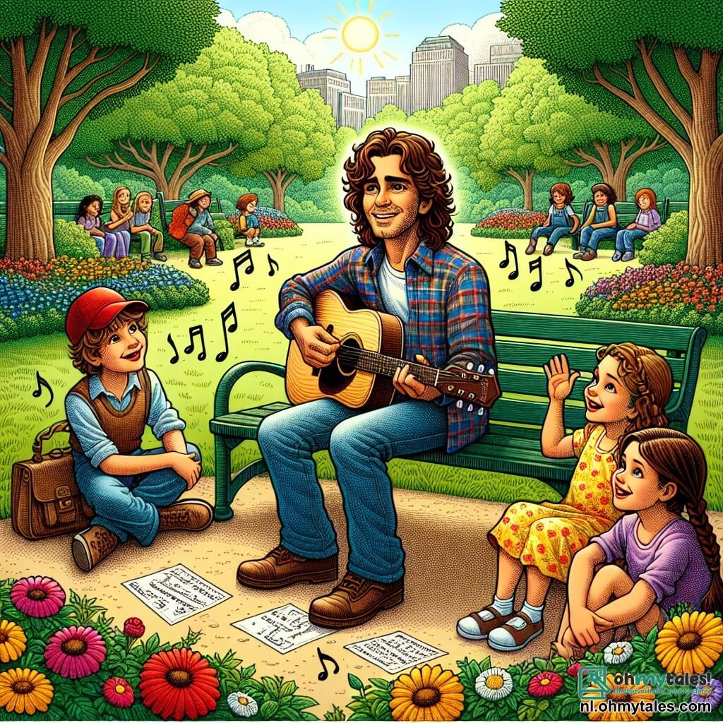 Illustratie van een zonnig park, vol kleurrijke bloemen en groene bomen. In het midden zit een man met licht krullend bruin haar, gekleed in een geruite shirt en jeans, op een bank. Hij houdt een gitaar vast, zijn gezicht drukt zowel melancholie als hoop uit terwijl hij naar een groep kinderen om hem heen kijkt. Tussen hen is er een jongen van ongeveer 8 jaar met een rode pet, die breed glimlacht en zijn hand opsteekt om een vraag te stellen. Naast hem luistert een 7-jarig meisje met gevlochten haar, in een gele jurk met bloemen, aandachtig, met stralende ogen van opwinding. De scène straalt een vrolijke en creatieve sfeer uit, met muzieknoten die door de lucht zweven, wat inspiratie en passie voor muziek symboliseert.