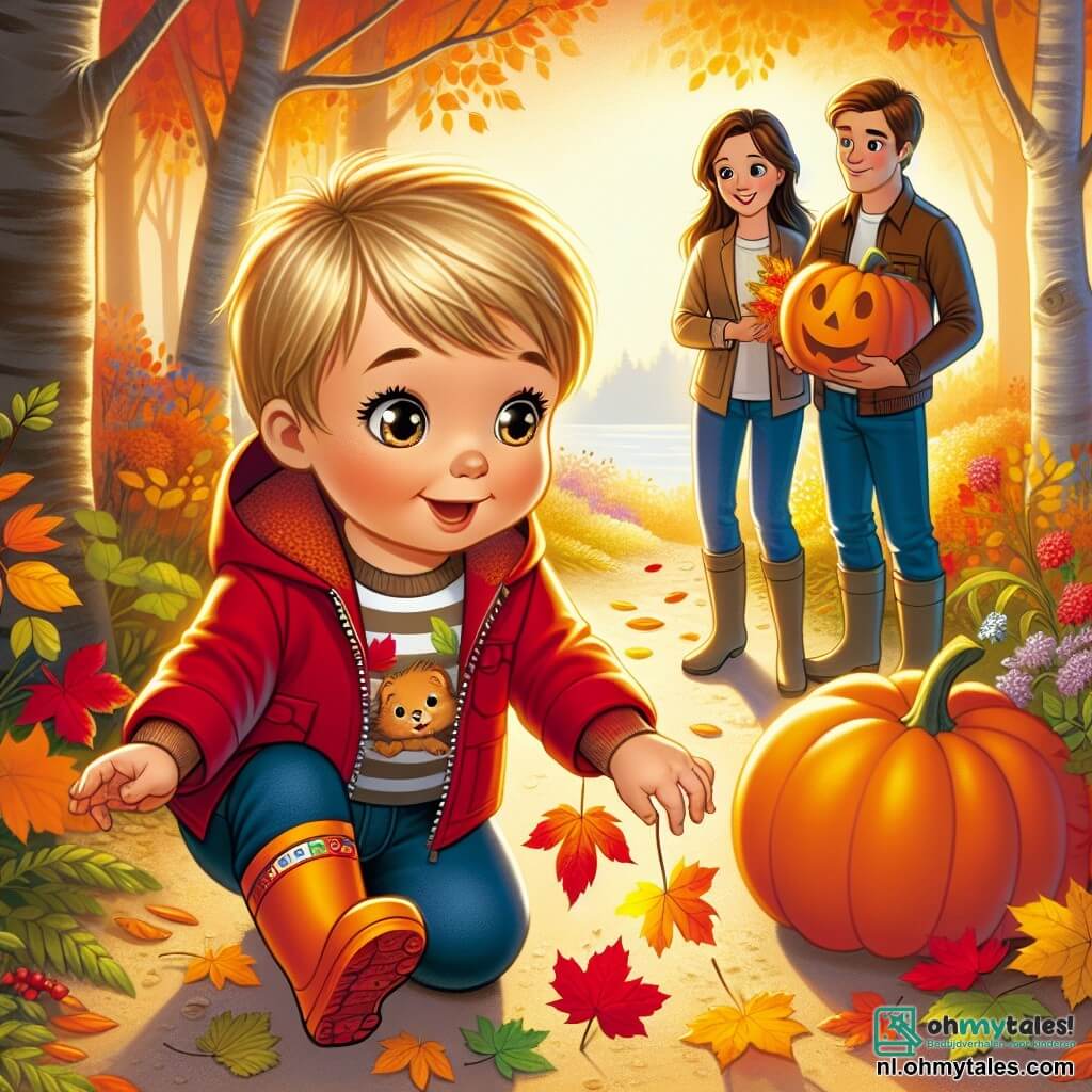 Une illustration sous forme de dessin destinée aux enfants représentant une scène automnale dans un charmant bois, où un garçon de 3 ans aux cheveux blonds et aux yeux pétillants, vêtu d'une veste rouge et de bottes en caoutchouc, s'agenouille joyeusement pour ramasser des feuilles colorées, tandis qu'en arrière-plan, sa maman, une femme souriante aux cheveux bruns, l'observe avec tendresse, et son papa, un homme aux cheveux châtains, se tient à côté d'eux en tenant une grande citrouille, le tout baigné dans une lumière dorée de fin d'après-midi, évoquant la magie et la joie de l'automne.
