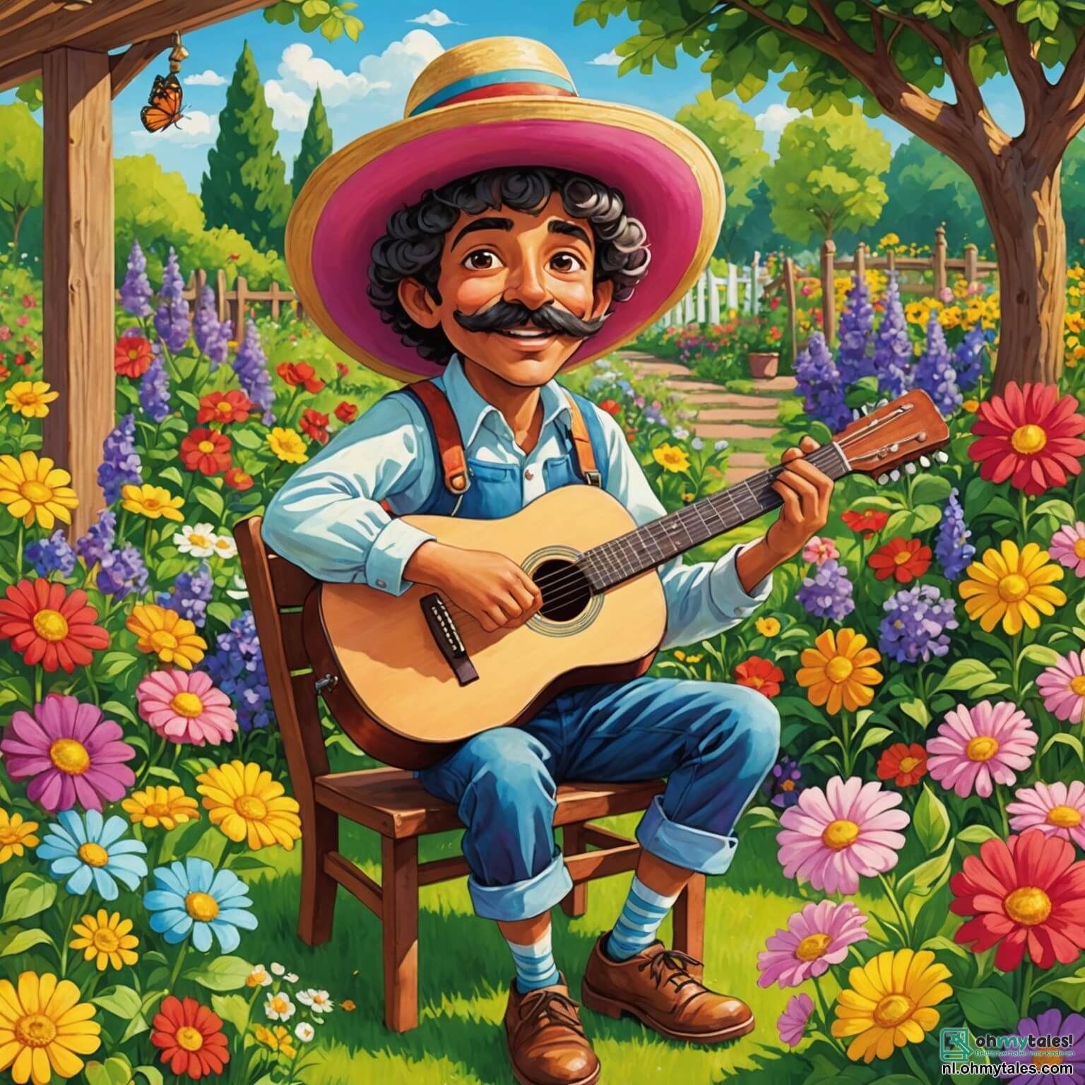Une illustration destinée aux enfants représentant un homme joyeux avec une grande moustache et un chapeau coloré, assis sur une chaise en bois dans son jardin fleuri, entouré de fleurs éclatantes de toutes les couleurs, tandis qu'il compose une mélodie enjouée avec sa guitare, accompagné de Lila, une petite fille aux cheveux bouclés et aux yeux pétillants, qui danse avec grâce au rythme de la musique, et de Sam, un garçon aux lunettes rondes et au sourire malicieux, qui frappe joyeusement sur une caisse en bois pour créer des percussions, le tout se déroulant sous un ciel bleu azur parsemé de nuages cotonneux, où les oiseaux chantent et les papillons virevoltent, remplissant l'air d'une atmosphère magique et enchanteresse.