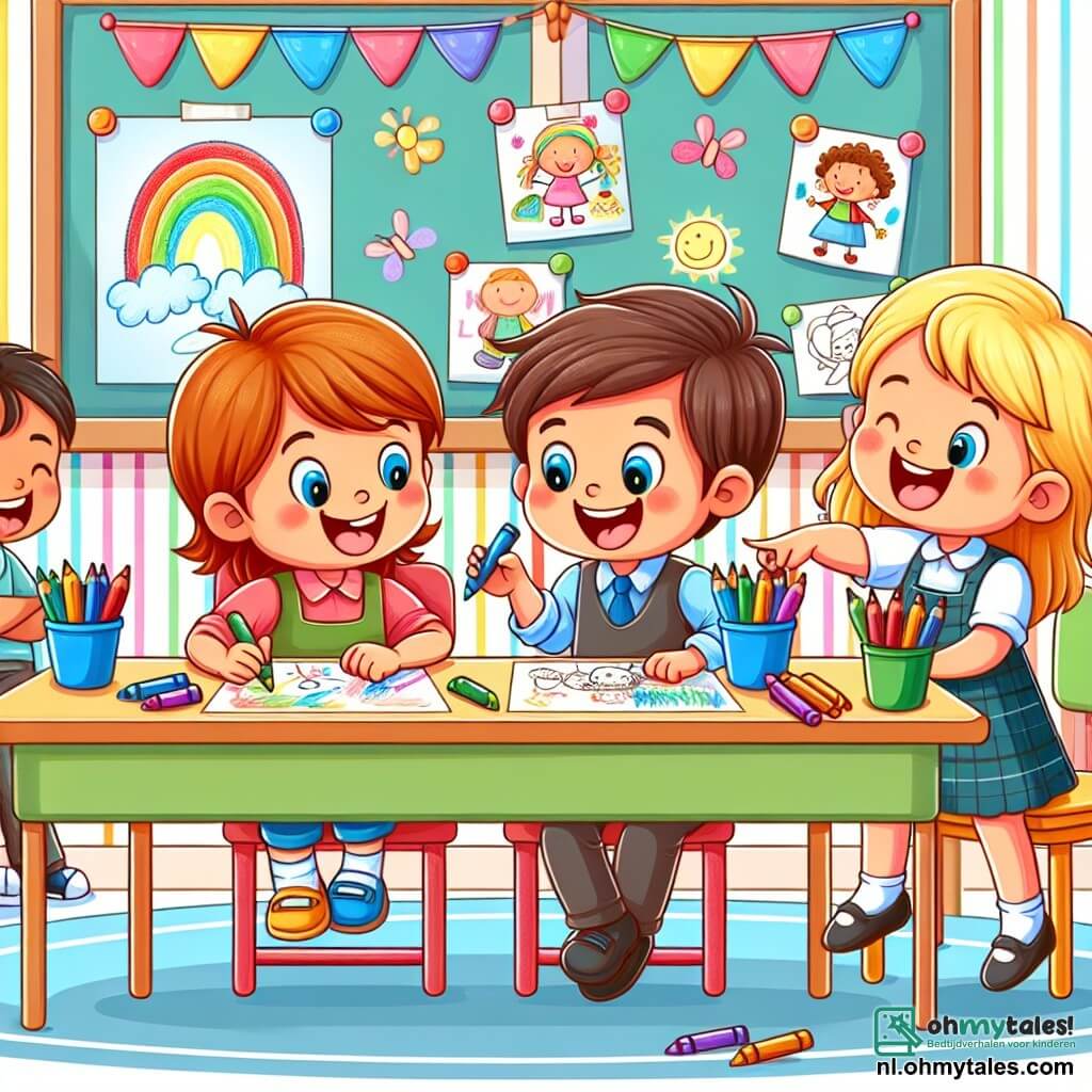 Une illustration sous forme de dessin destinée aux enfants représentant une salle de classe colorée avec des murs ornés de dessins d'enfants, où un petit garçon de 4 ans aux cheveux bruns et aux yeux pétillants, assis à une table, s'applique à colorier un dessin avec des crayons, tandis qu'une petite fille aux cheveux blonds et une frange, souriante, lui montre fièrement son propre dessin, et un garçon aux cheveux châtains, riant, les encourage à créer ensemble, capturant ainsi l'esprit d'amitié et de créativité d'une journée d'école joyeuse.