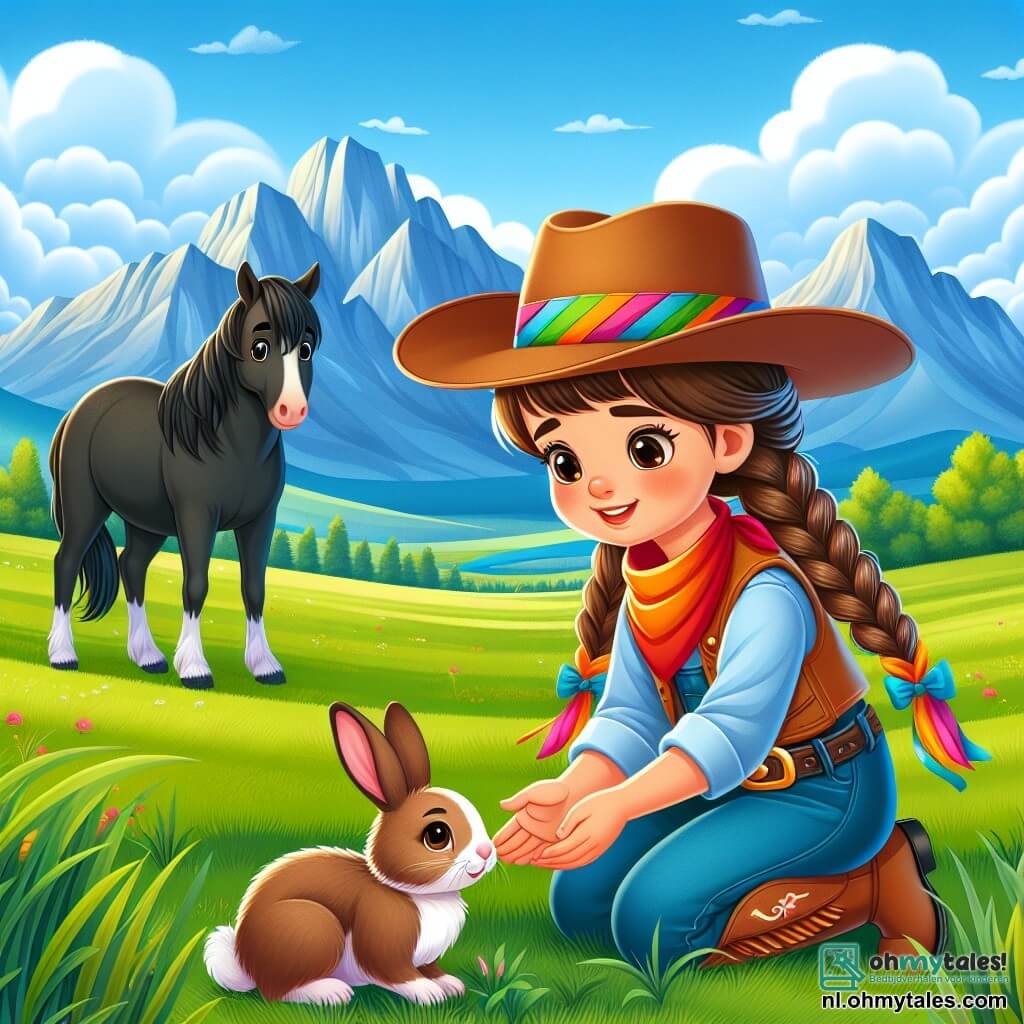 Une illustration sous forme de dessin destinée aux enfants représentant une vaste prairie verdoyante sous un ciel bleu éclatant, avec une jeune cowgirl aux cheveux bruns tressés, portant un chapeau de cowboy et une sangle colorée, agenouillée avec un sourire chaleureux en train de libérer un petit lapin aux grandes oreilles pris au piège dans des branches, tandis qu'à proximité, un cheval noir au regard amical observe la scène, et en arrière-plan, des montagnes majestueuses ajoutent une touche de grandeur à ce moment de bravoure et de gentillesse.