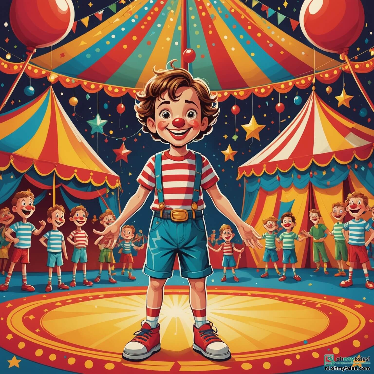 Une illustration destinée aux enfants représentant un petit garçon aux yeux pétillants de curiosité, vêtu d'un t-shirt rayé et d'un short coloré, se tenant au centre d'une grande tente de cirque aux couleurs vives, où des lumières scintillantes dansent sur les murs en toile, entouré de joyeux clowns au nez rouge, d'une funambule gracieuse aux cheveux flottants comme des plumes et d'un fort homme musclé, tous prêts à l'encourager dans son rêve de devenir un artiste de cirque, tandis que des cris de joie et des rires résonnent dans l'air parfumé de pop-corn et de barbe à papa.