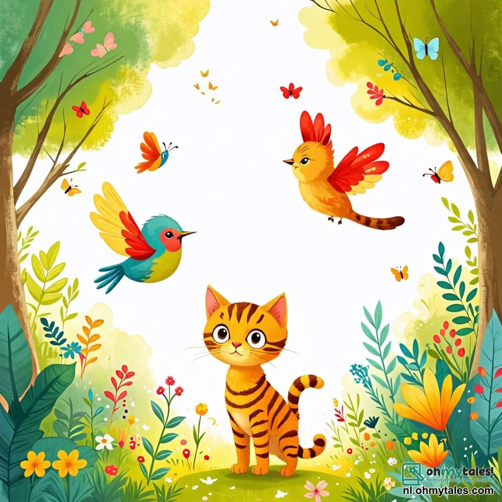 Une illustration sous forme de dessin destinée aux enfants représentant une clairière ensoleillée entourée d'arbres verdoyants, où une petite chatte au pelage doux et tigré, avec de grands yeux brillants, se tient dans une pose curieuse, tandis qu'un oiseau coloré aux plumes vives vole joyeusement autour d'elle, alors qu'ils s'apprêtent à poursuivre une belle et délicate papillon qui danse dans l'air, symbolisant l'aventure et l'amitié.
