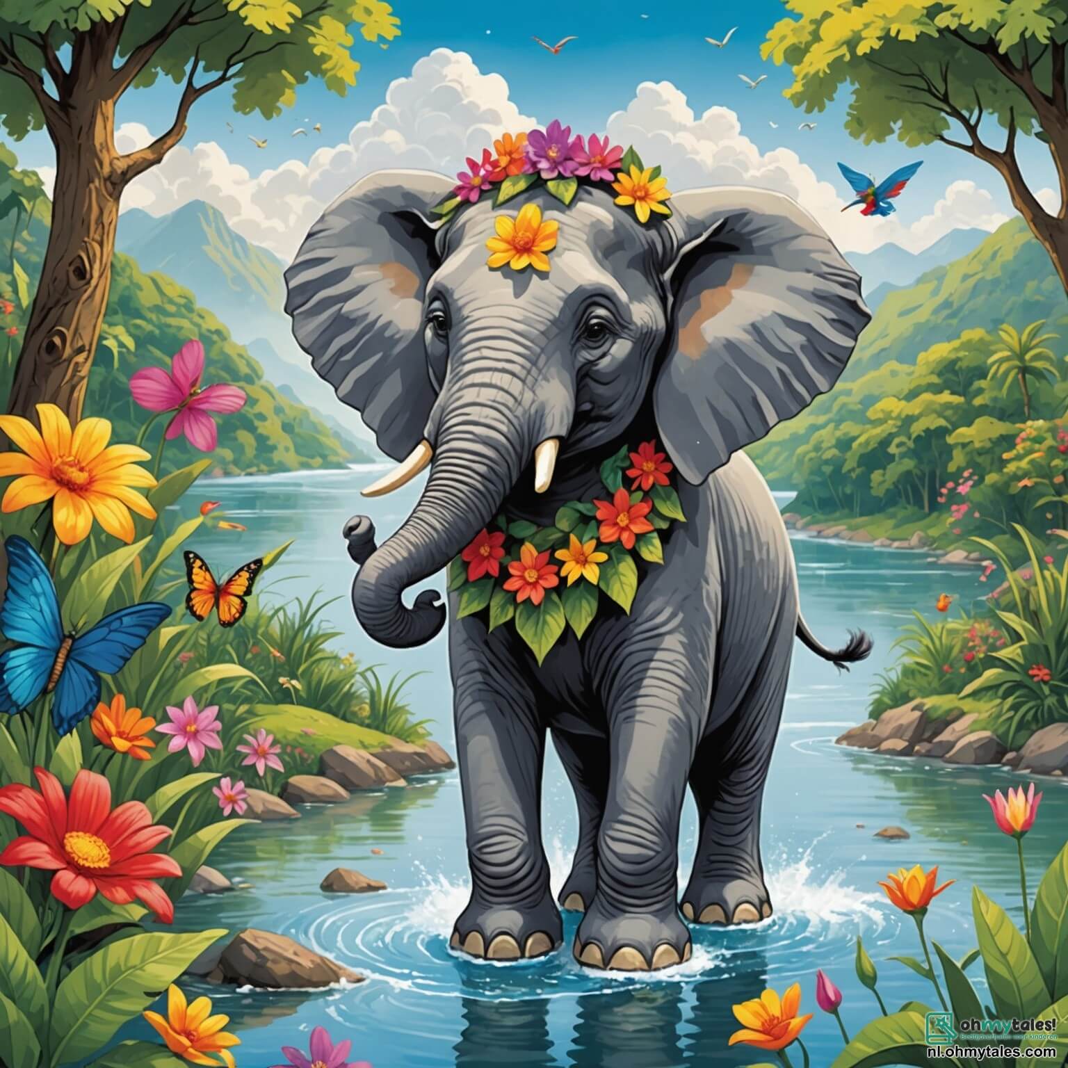Une illustration destinée aux enfants représentant un majestueux éléphant aux grandes oreilles tombantes et à la peau grise comme un nuage d'orage, se tenant fièrement au bord d'une rivière scintillante, entouré de feuillages luxuriants et de fleurs éclatantes aux couleurs vives, tandis qu'il s'apprête à partir à l'aventure dans la jungle ensoleillée, accompagné de son ami le joyeux perroquet aux plumes multicolores qui vole au-dessus de lui, tous deux prêts à explorer les mystères de cet endroit magique où les rayons du soleil dansent à travers les branches des arbres géants et où les chants des oiseaux résonnent comme une mélodie enchantée.