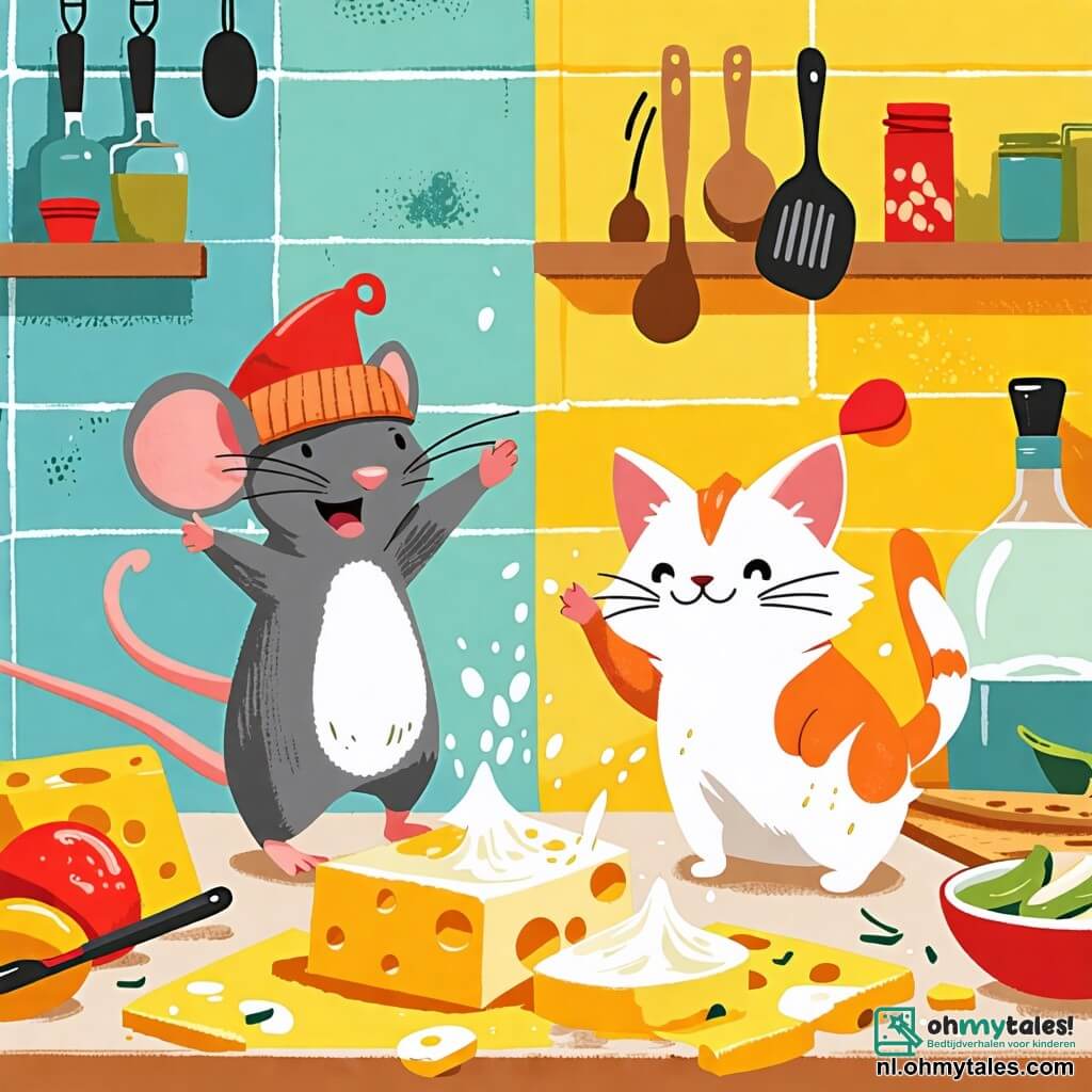 Une illustration sous forme de dessin destinée aux enfants représentant une cuisine ensoleillée avec des murs colorés, où un petit rat souriant portant une petite casquette danse joyeusement sur le comptoir, tandis qu'une chatte aux poils doux et duveteux, avec une grande queue, renverse un carton de lait, créant une éclaboussure amusante, le tout entouré de divers ustensiles de cuisine et de morceaux de fromage, illustrant leur moment de joie et de camaraderie en essayant de faire du fromage ensemble.