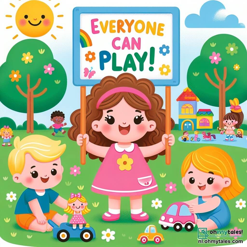 Une illustration sous forme de dessin destinée aux enfants représentant un parc ensoleillé avec des arbres verts et des fleurs colorées, où une petite fille de 3 ans aux cheveux bruns et bouclés, portant une robe rose, sourit joyeusement en tenant un grand panneau coloré qui dit "Tout le monde peut jouer!", tandis qu'à ses côtés, un garçon aux cheveux blonds et une grande fille aux cheveux châtains, tous deux souriants, s'amusent à jouer avec des poupées et des voitures, illustrant l'idée d'égalité des genres et de liberté de jeu pour tous.