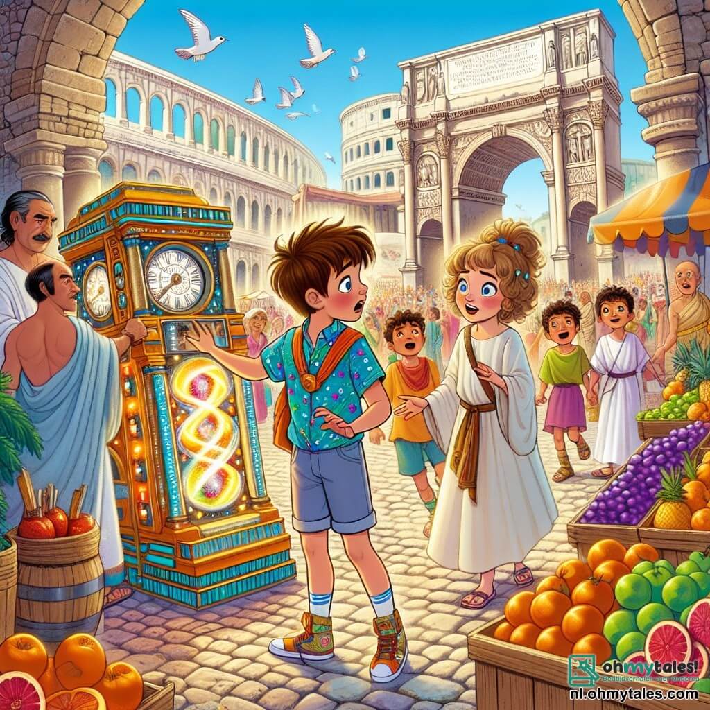 Illustratie die een levendige scène in het oude Rome weergeeft, met stenen gebouwen met majestueuze bogen en levendige markten vol kleurrijke vruchten en glinsterende stoffen. In het midden van de afbeelding kijkt een tienjarig jongetje met rommelig bruin haar en een kleurrijk t-shirt vol verwondering naar een tijdmachine, een grote glanzende metalen structuur met knipperende lichten. Naast hem wijst een tienermeisje met krullend haar en een lichte jurk naar een groentekraam, terwijl een jongen met kort haar, gekleed in een korte broek en een t-shirt, glimlacht terwijl hij naar een jonge Romein luistert die hen toespreekt. Op de achtergrond bewegen inwoners in toga's, spelen kinderen met houten speelgoed en vliegen vogels in een stralend blauwe lucht. De sfeer is vrolijk en vol ontdekkingen, en illustreert het magische moment waarop vrienden het fascinerende verleden van Rome ontdekken.