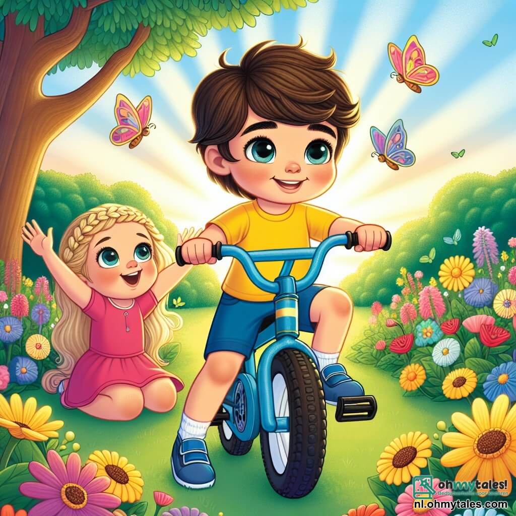 Illustratie van een zonnige tuin, gevuld met kleurrijke bloemen en groene bomen. In het midden zit een 3-jarig jongetje met rommelig bruin haar en sprankelende ogen op zijn grote blauwe fiets, met een stralende glimlach op zijn gezicht. Hij draagt een felgeel T-shirt en een blauwe short, en lijkt klaar voor een nieuw avontuur. Naast hem moedigt een groot meisje van 6 jaar, met lange gevlochten blonde haren, hem enthousiast aan met haar armen omhoog als teken van steun. Ze draagt een roze jurk en sandalen. De scène vangt het moment waarop het jongetje, vol moed, zich voorbereidt om zonder zijwielen te trappen, omringd door de liefde en aanmoediging van zijn zus. Kleurrijke vlinders fladderen om hen heen en voegen een magische touch toe aan deze vrolijke en bemoedigende sfeer.
