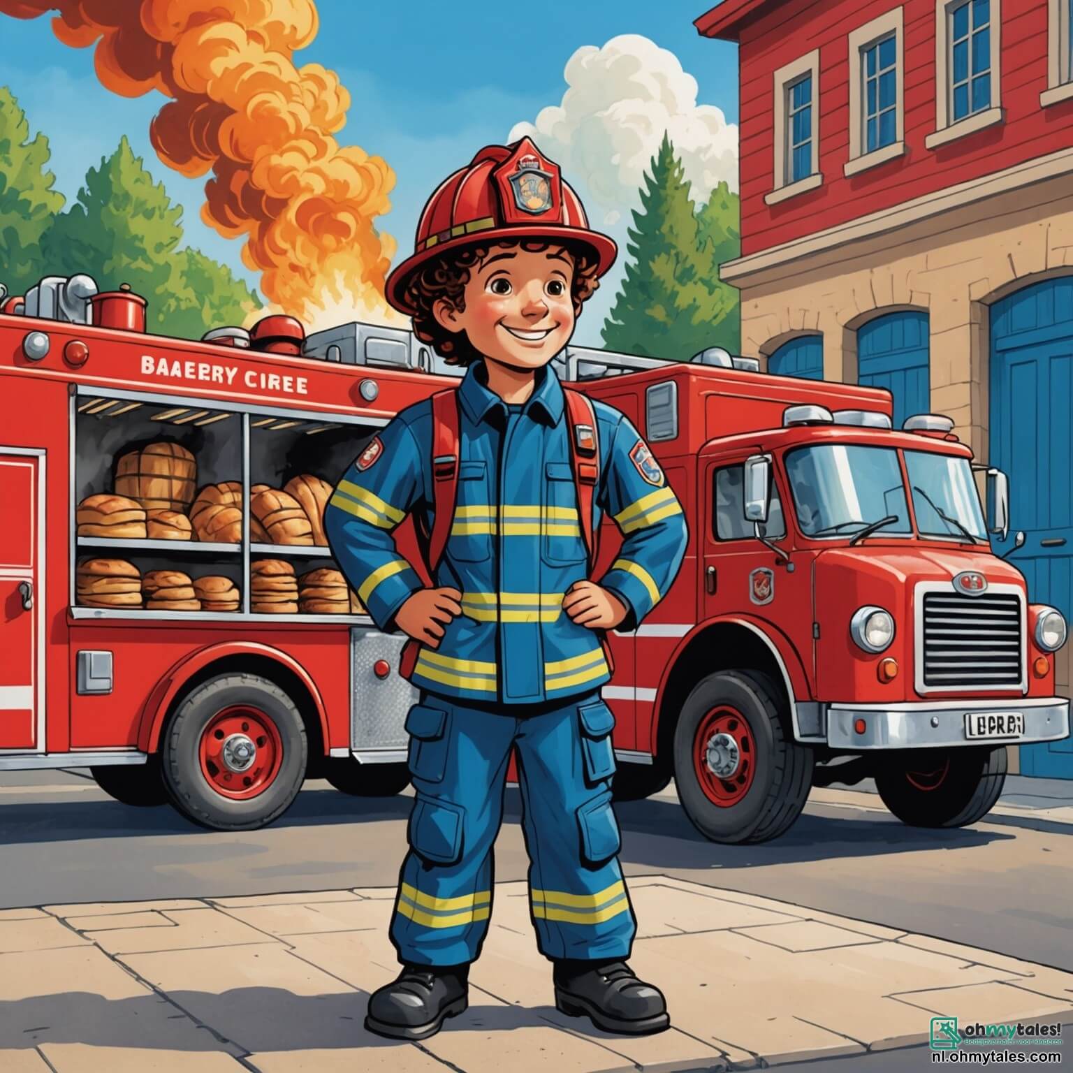 Une illustration destinée aux enfants représentant un courageux homme en uniforme de pompier, avec son casque brillant et son sourire chaleureux, se tenant fièrement aux côtés d'une grande et rouge camion de pompiers, prêt à répondre à l'appel d'urgence d'une petite boulangerie en bois aux volets bleus, où la douce odeur de pain chaud se mêle à la panique des enfants aux yeux écarquillés, dont une fille aux cheveux bouclés et une autre aux lunettes, qui regardent avec admiration et inquiétude alors que le pompier s'apprête à éteindre les flammes qui s'échappent du toit, le tout sous un ciel azur parsemé de nuages blancs duveteux, et entouré de maisons colorées aux jardins fleuris où les oiseaux chantent.