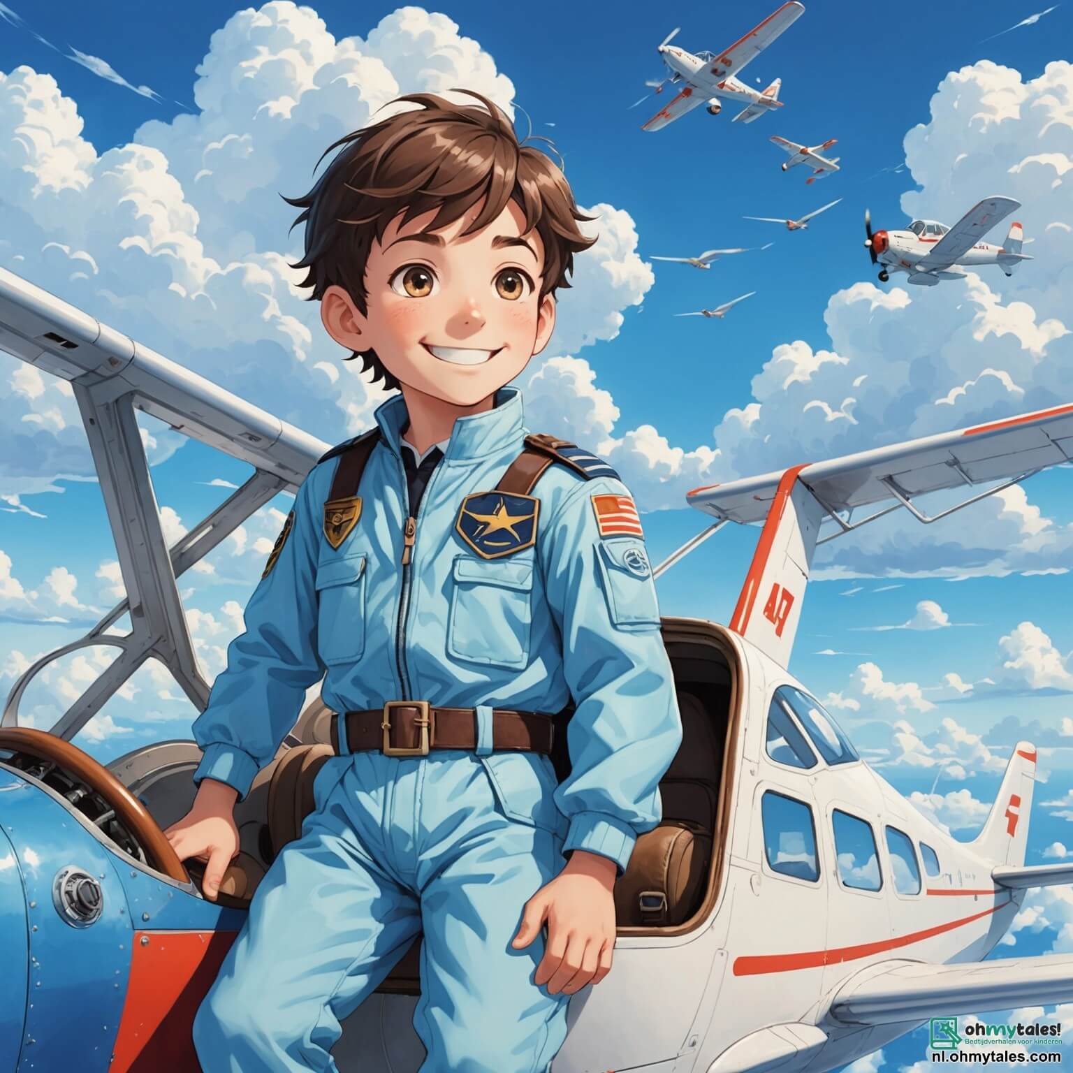 Une illustration destinée aux enfants représentant un homme au sourire chaleureux, vêtu d'une combinaison de pilote bleu ciel, se tenant fièrement dans la cabine d'un petit avion, entouré de nuages cotonneux et d'un ciel d'un bleu éclatant, tandis qu'un jeune garçon aux yeux pétillants d'excitation, assis à ses côtés, rêve de voler et d'explorer le monde, le tout se déroulant au-dessus d'un paysage enchanteur composé de montagnes verdoyantes, de rivières scintillantes et de villages pittoresques aux toits colorés, où l'aventure et l'amitié s'entrelacent dans une danse joyeuse au gré du vent.