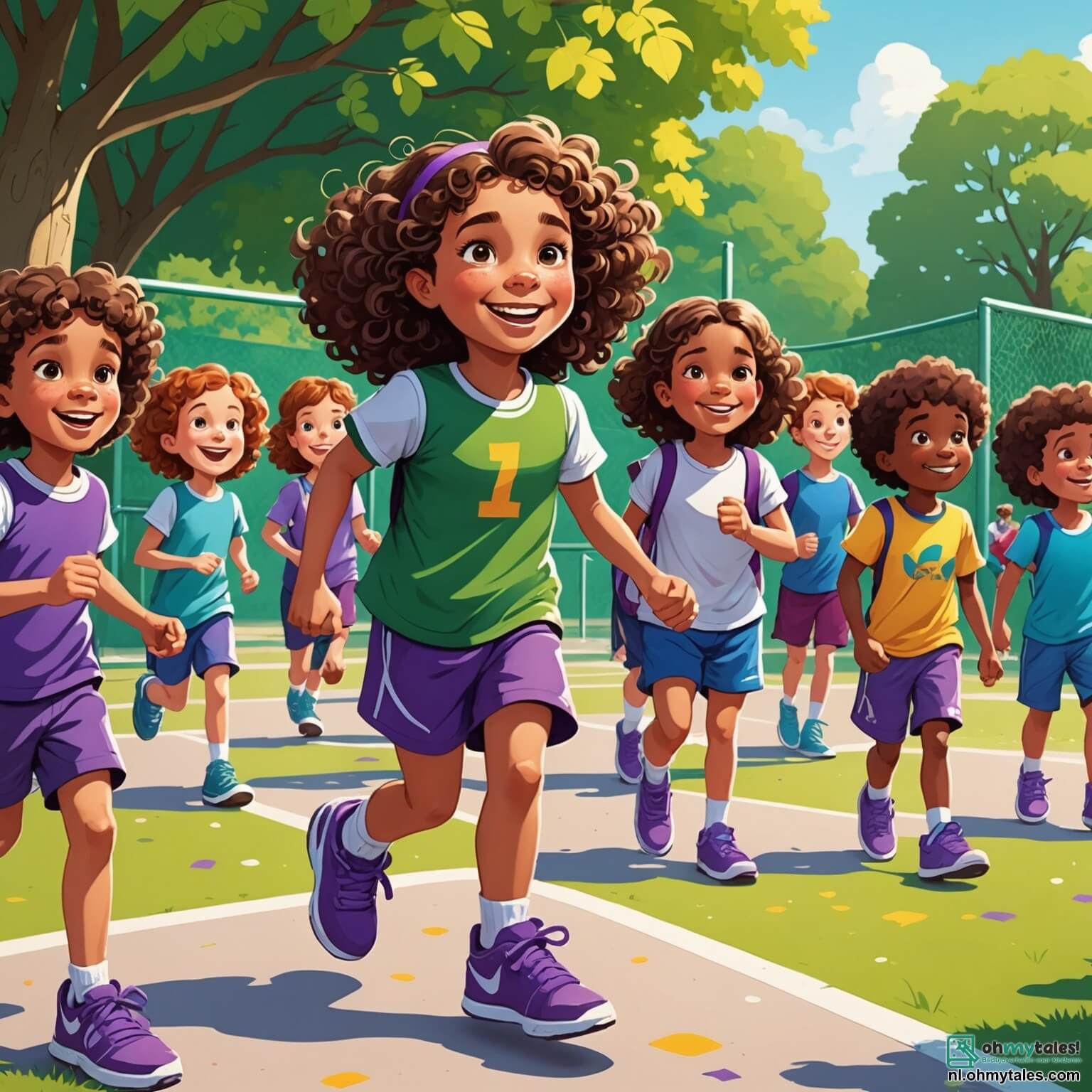 Une illustration destinée aux enfants représentant une fillette aux boucles brunes et aux sneakers violettes, pleine de courage et de détermination, se tenant sur un terrain de jeu ensoleillé, entourée de camarades de classe, garçons et filles, qui s'apprêtent à participer à un tournoi de football, tandis que des arbres verdoyants et des fleurs colorées bordent le périmètre, créant une atmosphère joyeuse et accueillante, où l'harmonie et l'égalité entre les sexes brillent à travers les rires et les encouragements des amis, illustrant ainsi la magie de l'unité et de l'amitié au sein de cette école animée.