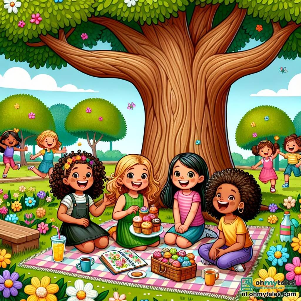 Illustratie van een zonnig park, vol kleurrijke bloemen en majestueuze bomen, met een grote eik die schaduw biedt aan een groep kinderen die op een picknickdeken zitten. In het midden van de afbeelding zijn vier meisjes van ongeveer 10 jaar bijeen. Een van hen, een meisje met bruin, krullend haar, glimlacht vrolijk terwijl ze een bord mini-muffins vasthoudt. Naast haar tekent een meisje met blond, steil haar en een lichte huid bloemen in een notitieboek. Een ander meisje, met zwart, steil haar en van Aziatische afkomst, houdt een fles limonade vast en lacht enthousiast. Ten slotte toont een meisje met krullend, kroeshaar en van Afro-Amerikaanse afkomst een mooie schilderij dat ze met haar voeten heeft gemaakt. De meisjes wisselen glimlachen en lachen uit, wat hun vriendschap en vreugde om samen momenten te delen illustreert, en vieren tolerantie en diversiteit. Op de achtergrond spelen andere kinderen en hebben plezier, wat een sfeer van geluk en inclusie creëert.