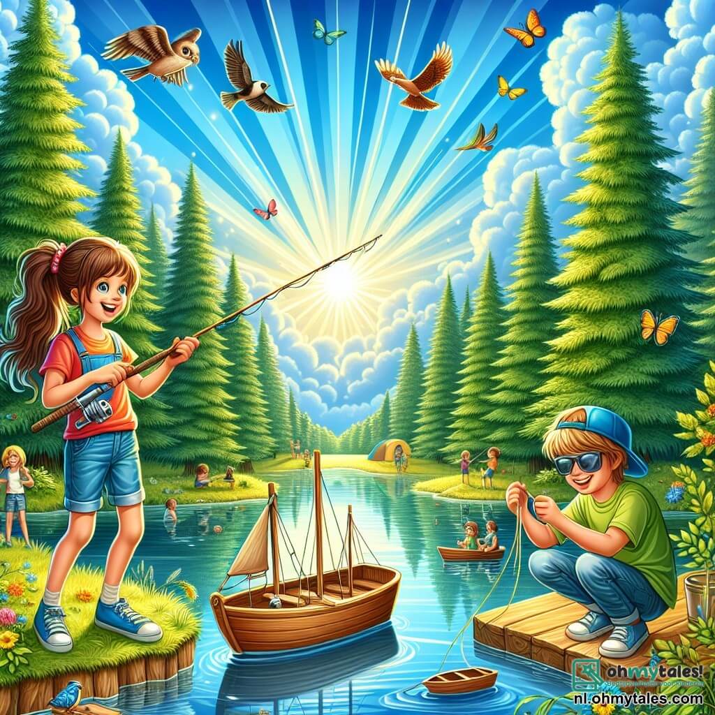 Illustratie van een levendige scène aan de oever van een prachtig meer, omringd door majestueuze groene bomen. De lucht is helderblauw, met pluizige witte wolken, en de zon schijnt fel, waardoor sprankelende reflecties op het kalme water ontstaan. Op de voorgrond staat een 11-jarig meisje met lange bruine haren in een paardenstaart, gekleed in een kleurrijk t-shirt en een spijkerbroekshort. Ze glimlacht vrolijk terwijl ze een hengel vasthoudt, vol verwachting om haar eerste vis te vangen. Naast haar is een 10-jarig jongetje met rommelig blond haar en zonnebril op zijn neus, druk bezig met het bouwen van een drijvend houten schip, omringd door touwen en kleine stukjes hout. Hij kijkt enthousiast naar het meisje en deelt haar opwinding voor het avontuur. De hoofdscène toont de twee kinderen, verdiept in hun activiteit, omringd door gelach en vreugde, terwijl vogels in de bomen zingen en kleurrijke vlinders om hen heen fladderen. Op de achtergrond spelen andere kinderen in het water, wat bijdraagt aan de zomerse en feestelijke sfeer van deze perfecte dag aan het meer.