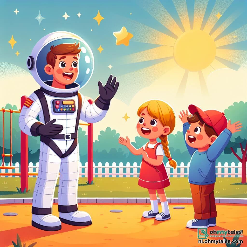 Une illustration sous forme de dessin destinée aux enfants représentant une joyeuse scène dans une aire de jeux ensoleillée, où un homme astronaute aux cheveux bruns et à la combinaison spatiale brillante explique avec enthousiasme les merveilles de l'espace à deux enfants : une petite fille aux tresses dorées, captivée par ses paroles, et un garçon portant une casquette rouge, levant la main avec curiosité pour poser une question, tandis que des étoiles scintillantes commencent à apparaître dans le ciel au crépuscule, ajoutant une touche magique à l'atmosphère.
