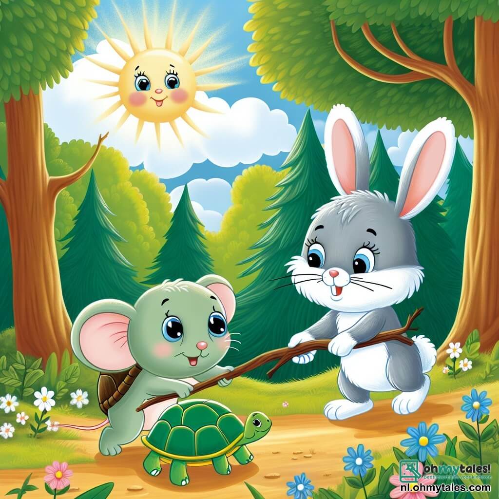 Une illustration sous forme de dessin destinée aux enfants représentant une clairière ensoleillée au cœur d'une forêt verdoyante, où une petite souris grise aux yeux pétillants, avec une douce expression de détermination, tire avec courage sur une branche pour libérer une tortue au carapace verte, tandis qu'un joyeux lapin aux grandes oreilles et à la fourrure blanche les encourage avec un sourire, le tout entouré de fleurs colorées et d'arbres majestueux, symbolisant l'amitié et l'entraide dans un moment d'aventure.