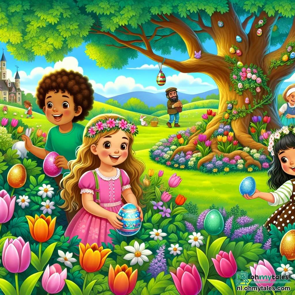 Illustratie van een vrolijke scène in een grote groene tuin, gevuld met kleurrijke bloemen, stralende tulpen en een majestueuze oude eik. In het midden zijn vier kinderen druk bezig met een paaseierenzoektocht: een meisje van ongeveer 8 jaar met lange bruine haren, gekleed in een roze jurk en een bloemenhaarband, bukt om een glanzend ei op te rapen dat achter een tulp verstopt is. Naast haar staat een ander meisje van 7 jaar met blonde vlechten, die glimlacht terwijl ze een versierd ei met glitters vasthoudt. Een 9-jarige jongen met kastanjebruine haren en een groene t-shirt staat rechtop met een schatkaart in zijn hand, met een nieuwsgierige blik. Tot slot kijkt een 6-jarig meisje met krullend haar en een stippenjurk om zich heen met verwonderde ogen. Op de achtergrond kijken glimlachende ouders naar de kinderen, en kleurrijke eieren liggen verspreid in het gras, wat een feestelijke en magische sfeer creëert.