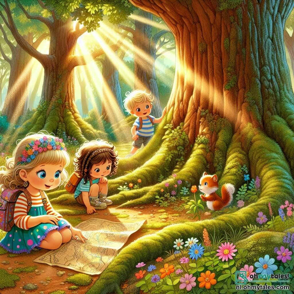 Illustratie van een oud eikenbos, met grote bomen met robuuste stammen en heldergroene bladeren die het zonlicht filteren, waardoor een spel van schaduwen en licht op de met mos en kleurrijke bloemen bedekte grond ontstaat. In het midden van de scène zit een 3-jarig meisje met grote, glanzende ogen en krullend haar, gekleed in een kleurrijke jurk en met een kleine rugzak. Ze is gehurkt met haar handen in de aarde, met een verwonderde glimlach op haar gezicht terwijl ze een oude schatkaart ontdekt. Naast haar staan twee vrienden: een jongen van ongeveer 4 jaar met rommelig blond haar en een gestreept T-shirt, die nieuwsgierig naar de kaart kijkt, en een 3-jarig meisje met vlechten en een stippenrok, die naar een mooie bloem in de buurt wijst. De scène straalt een sfeer van avontuur en ontdekking uit, met zonnestralen die de scène verlichten en een klein wezentje, zoals een eekhoorn, dat de kinderen vanaf een tak observeert.