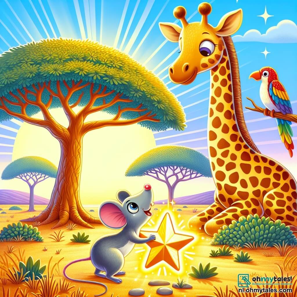 Une illustration sous forme de dessin destinée aux enfants représentant une savane ensoleillée avec des acacias majestueux, au premier plan une girafe au long cou ornée de taches dorées, la tête levée vers le ciel, tentant d'atteindre une étoile brillante tombée au sol, tandis qu'à ses pieds, une petite souris grise aux grands yeux curieux pousse la star avec détermination, et une colorée papegaïe perchée sur sa tête, prête à s'envoler, créant une scène magique de camaraderie et d'aventure.