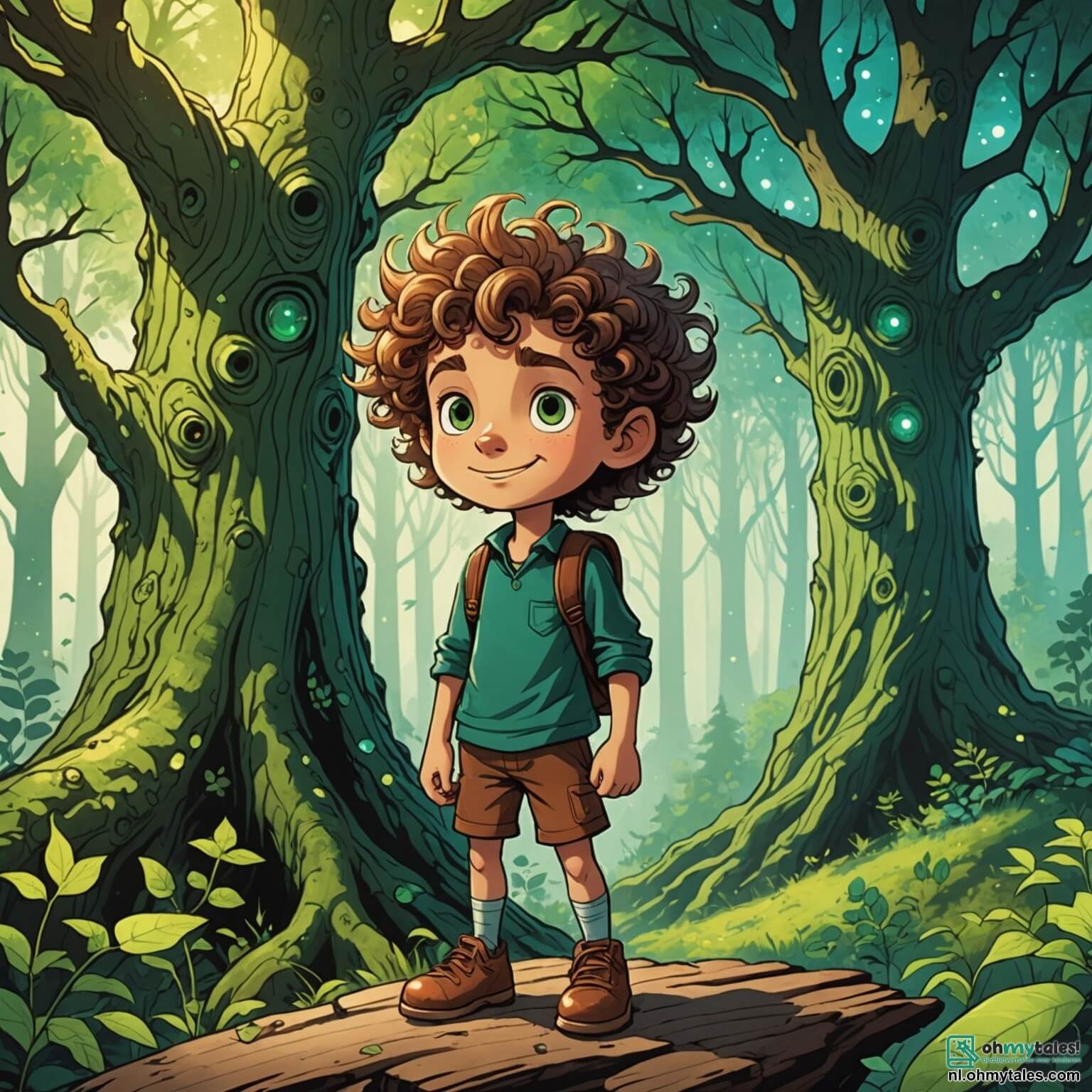 Une illustration destinée aux enfants représentant un garçon intrépide aux cheveux ébouriffés, aux yeux pétillants de curiosité, se tenant courageusement à l'orée d'une forêt enchantée, où des arbres majestueux aux troncs noueux s'élèvent vers le ciel, leurs feuilles scintillant comme des émeraudes sous le soleil, tandis qu'à ses côtés se tiennent deux amis fidèles, une fille au sourire éclatant et aux cheveux bouclés, prête à dessiner chaque moment de leur aventure, et un garçon à la verve enthousiaste, tous deux impatients de découvrir les mystères cachés derrière les buissons fleuris et les rivières scintillantes, dans un monde où chaque pas pourrait les mener vers une nouvelle découverte magique.