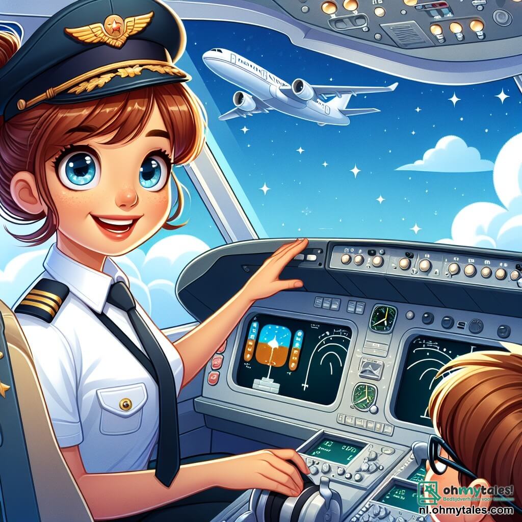 Une illustration sous forme de dessin destinée aux enfants représentant une cockpit d'avion moderne, avec une femme pilote aux cheveux châtains attachés en chignon, portant un uniforme de pilote avec des ailes brillantes sur la poitrine, concentrée sur les commandes tout en souriant, entourée de deux enfants curieux, un garçon aux lunettes et une fille avec un chapeau, qui regardent avec émerveillement par la fenêtre, tandis qu'en arrière-plan, on aperçoit des nuages moelleux et un ciel bleu éclatant, illustrant le moment magique où la pilote explique aux enfants la beauté du vol.