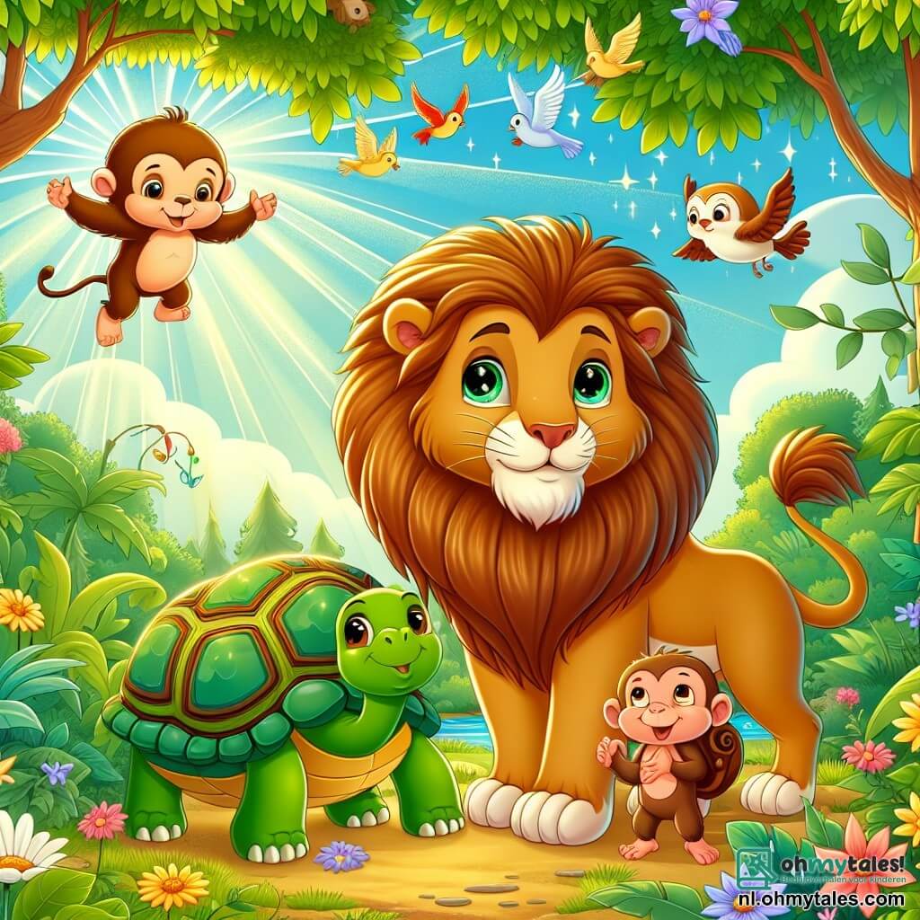 Une illustration sous forme de dessin destinée aux enfants représentant une clairière ensoleillée au cœur d'une forêt verdoyante, où un majestueux lion à la crinière dorée et aux yeux pétillants de curiosité se tient fièrement au centre, entouré de ses amis : un petit singe espiègle aux yeux malicieux qui grimpe joyeusement sur une branche, et une sage tortue au carapace ornée de motifs naturels, observant attentivement la scène, alors qu'ils se préparent ensemble à restaurer l'harmonie de leur forêt enchantée, avec des fleurs colorées et des oiseaux chantants en arrière-plan, symbolisant la magie et l'amitié.