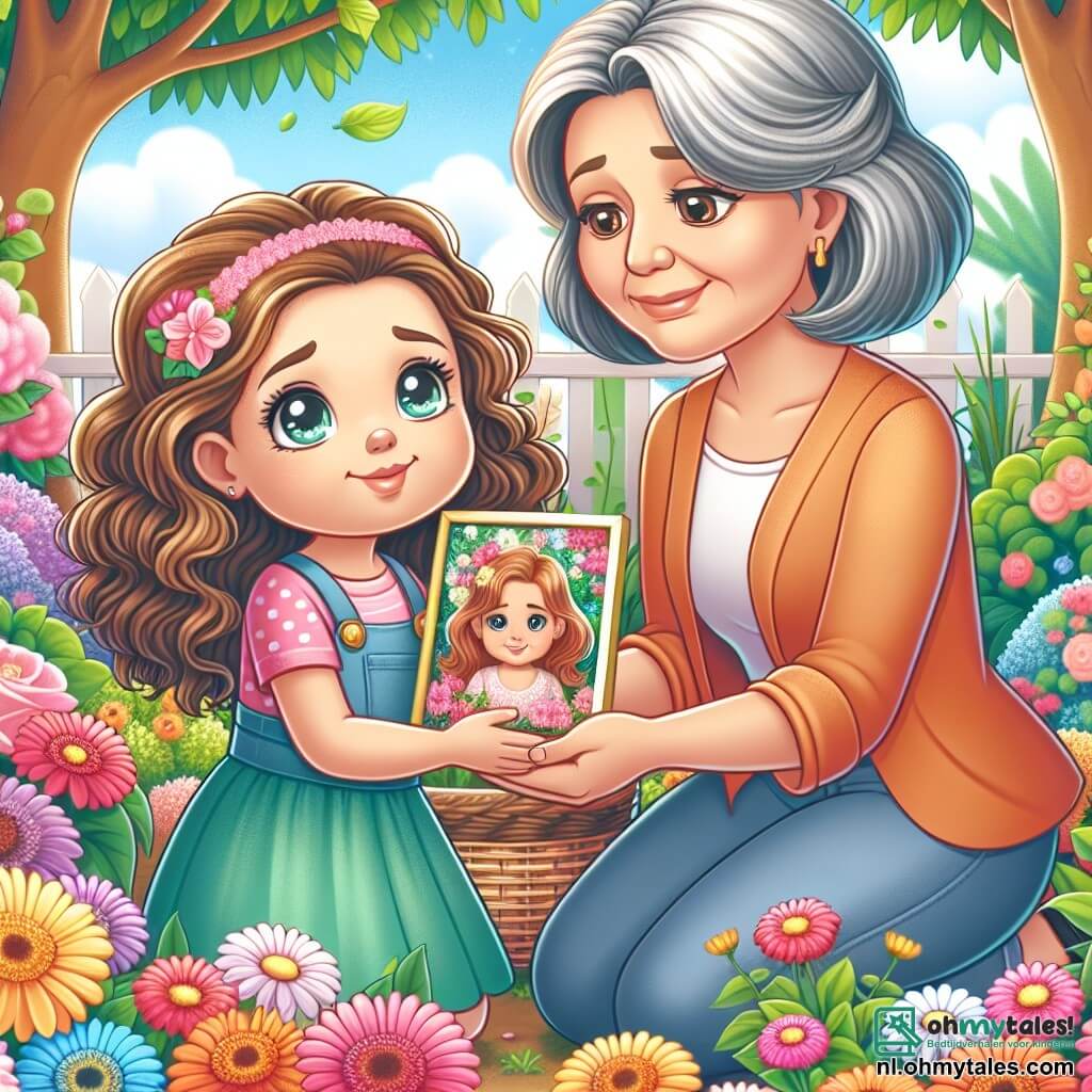 Une illustration sous forme de dessin destinée aux enfants représentant une belle et colorée jardin en été, avec une fillette de 5 ans aux cheveux bouclés et aux yeux pétillants, agenouillée devant un parterre de fleurs, tenant une photo de son amie disparue, tandis qu'une femme âgée au sourire chaleureux, avec des cheveux gris et portant un tablier, l'observe tendrement en lui tenant la main, symbolisant l'amour et le soutien dans un moment de tristesse et de souvenir.