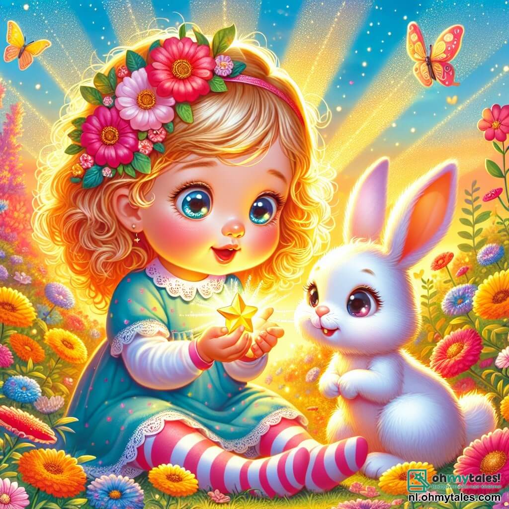 Une illustration sous forme de dessin destinée aux enfants représentant un jardin ensoleillé rempli de fleurs colorées, où une petite fille de 1 an aux grands yeux brillants et aux cheveux bouclés joue avec émerveillement, tenant une petite étoile dorée dans ses mains, tandis qu'à ses côtés, un adorable petit lapin blanc aux grandes oreilles observe avec curiosité, alors qu'ils tentent ensemble de trouver un moyen de faire voler l'étoile vers le ciel, entourés de papillons virevoltant et d'une douce lumière dorée.