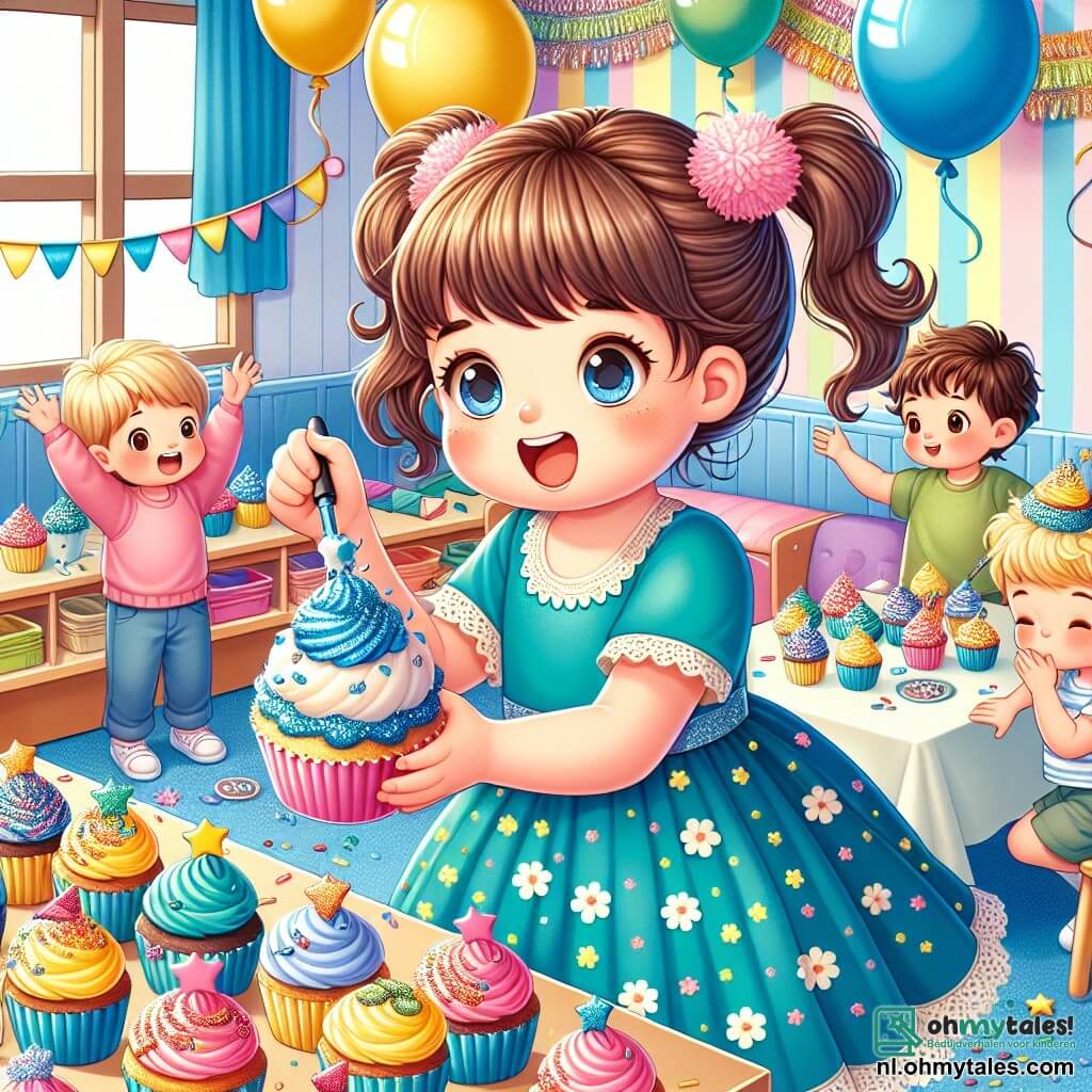Illustratie van een vrolijk versierd klaslokaal voor een verjaardag. De muren zijn versierd met kleurrijke ballonnen in blauw, geel en groen, terwijl een grote slinger van crepepapier aan het plafond hangt. In het midden van de ruimte staat een tafel bedekt met een kleurrijke tafelkleed, waarop cupcakes liggen versierd met felle glazuur en sprinkles.

Op de voorgrond staat een klein meisje van 4 jaar met kastanjebruin haar in twee mooie staarten, gekleed in een roze glitterjurk en met een grote glimlach op haar gezicht. Ze is bezig een cupcake te versieren met blauwe glazuur, geconcentreerd en vol enthousiasme.

Om haar heen nemen verschillende kinderen van 4 tot 5 jaar deel aan het feest. Een jongen met blond haar en sprankelende ogen, gekleed in een groene t-shirt, steekt zijn armen in de lucht en houdt een cupcake met een ster vast. Een ander klein meisje met krullend bruin haar en een bloemenjurk kijkt verwonderd naar de cupcakes met haar handen op haar wangen.

De scène straalt een sfeer van vreugde en kameraadschap uit, met gelach en vrolijke stemmen. Kleurrijke confetti zweeft door de lucht en voegt een feestelijk tintje toe aan het geheel.