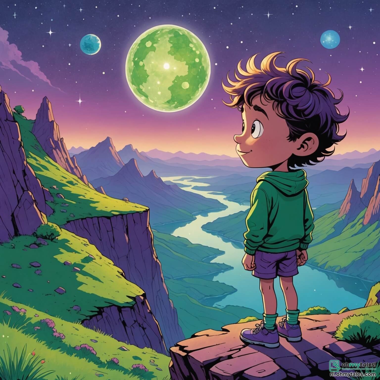 Une illustration destinée aux enfants représentant un garçon aux cheveux ébouriffés et aux yeux pétillants de curiosité, se tenant au bord d'une falaise sur une planète étrange aux paysages flamboyants, où des montagnes en forme de bonbons s'élèvent vers un ciel violet parsemé d'étoiles scintillantes, tandis qu'il observe avec émerveillement une petite créature verte aux grandes oreilles et au sourire malicieux, qui flotte joyeusement autour de lui, dans un monde où les arbres sont faits de filaments lumineux et où des rivières de lumière coulent doucement, créant une atmosphère magique et pleine de promesses d'aventures intergalactiques.