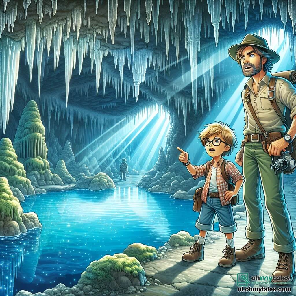 Illustratie van een prachtige ondergrondse grot, met glinsterende stalactieten die als ijskristallen van het plafond vallen en een stralend blauwe meer in het midden, omringd door mosrijke rotsen. Een man van ongeveer dertig jaar, met rommelige bruin haar, draagt een ontdekkershoed en een rugzak vol avontuurlijke gereedschappen, staat aan de rand van het meer, met ogen wijd open van verrassing en verwondering. Naast hem staat een jonge jongen van ongeveer tien jaar, met blond haar en een bril, gekleed in een geruit shirt en een korte broek, die met zijn vinger naar de wonderen van de grot wijst, zijn gezicht verlicht door opwinding. De scène straalt een sfeer van avontuur en ontdekking uit, met lichtstralen die door de scheuren in het plafond filteren, de reflecties in het water verlichtend en een magische ambiance creërend. Aanvullende elementen zijn mysterieuze schaduwen op de muren van de grot, wat op verborgen geheimen wijst, en voetafdrukken in de modder, die getuigen van recente verkenning.