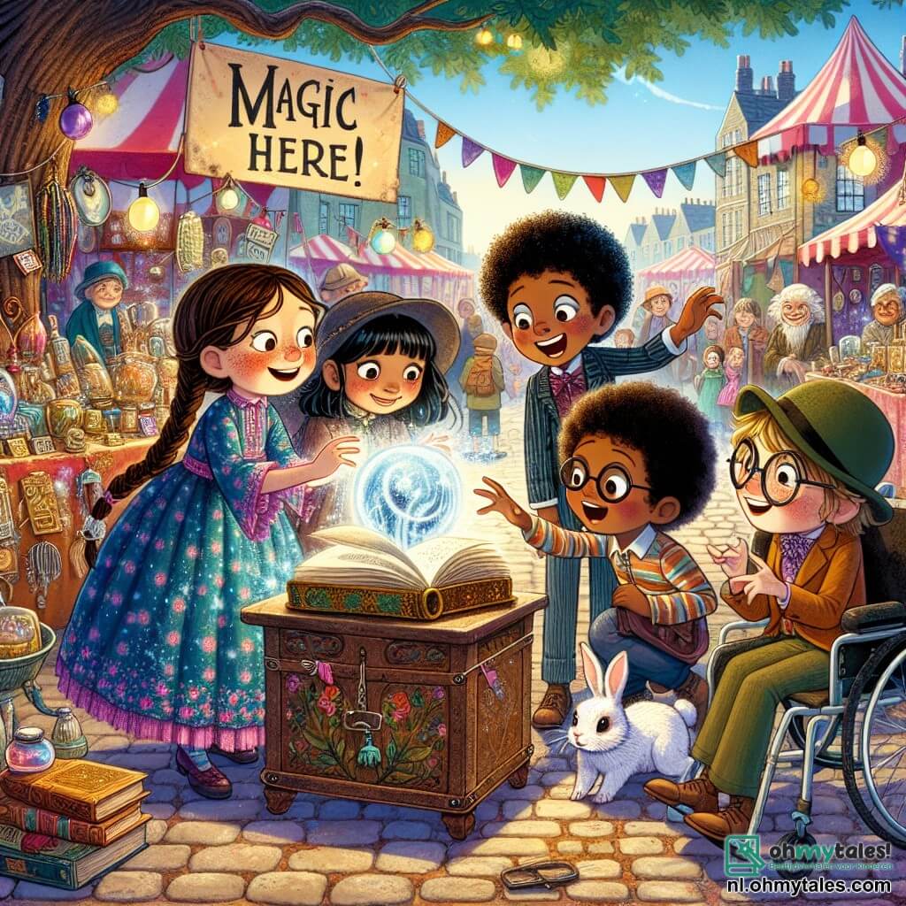 Illustratie van een levendige scène op een kleurrijke rommelmarkt, vol met stands in felle kleuren, waar vreemde en magische voorwerpen worden tentoongesteld. In het midden van de afbeelding staat een groep van vier kinderen samen: een meisje van ongeveer 10 jaar met lange, gevlochten bruine haren, gekleed in een bloemenjurk, die een oude glinsterende glazen kom vasthoudt; een jongen van ongeveer 10 jaar met ronde brillen en wild haar, gekleed in een gestreept t-shirt, die nieuwsgierig kijkt naar een open boek dat zweeft; een meisje van ongeveer 9 jaar met een blonde knot, glimlachend, dat zich bukt om een mysterieuze doos te onderzoeken; en een jongen van ongeveer 11 jaar in een rolstoel, met een ondeugende glimlach, die wijst naar een groot bord dat "Magie hier!" aangeeft. Op de achtergrond schaduwt een grote oude eik de markt, en een klein wit konijn, met sprankelende ogen, staat naast een kooi en lijkt ongeduldig om te praten. De sfeer is vrolijk en vol mysterie, met lichtflitsen en glitters die in de lucht zweven, wat een gevoel van avontuur en magie oproept.