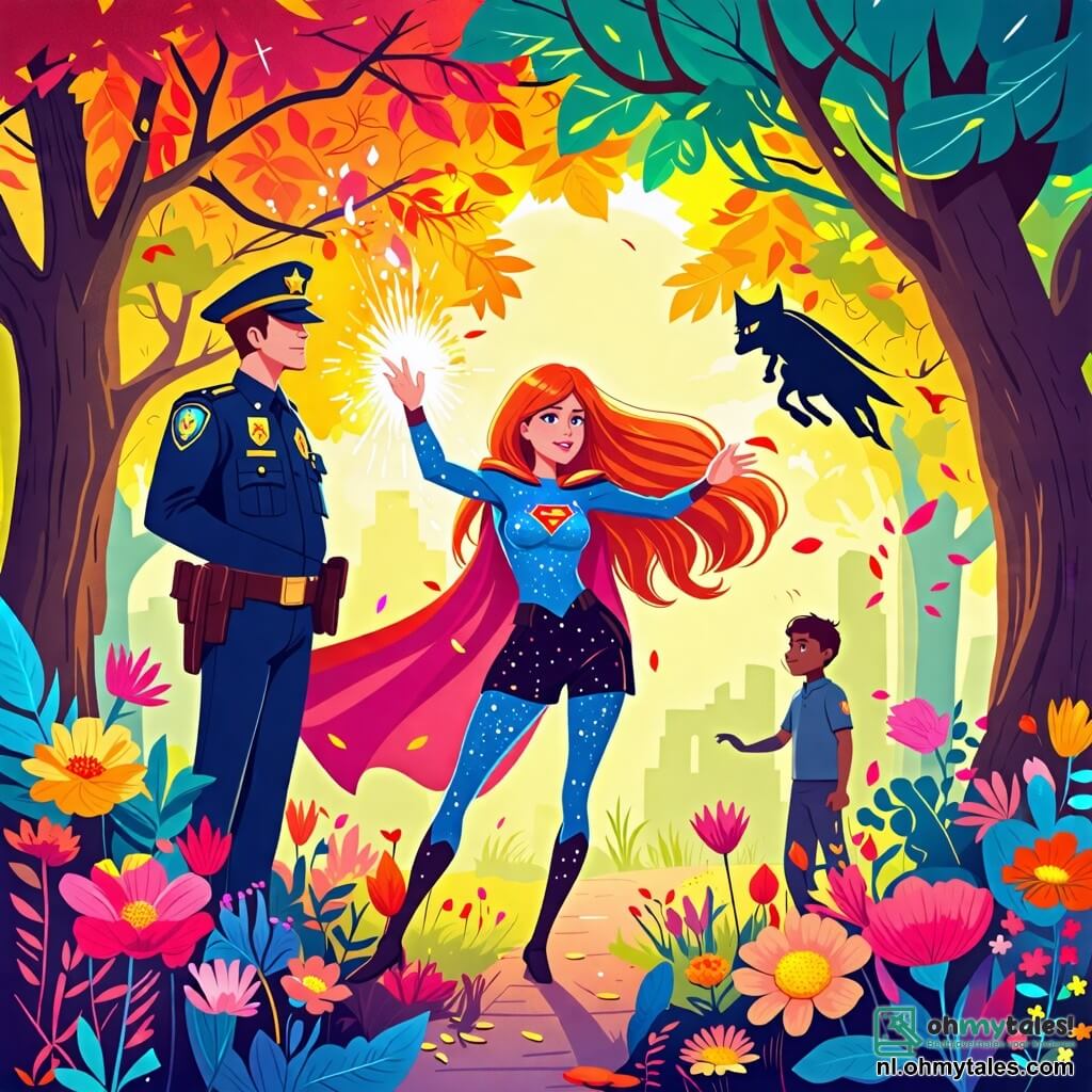 Une illustration sous forme de dessin destinée aux enfants représentant un parc coloré avec des arbres aux feuilles éclatantes et des fleurs multicolores, où une super-héroïne aux longs cheveux brillants et à la cape scintillante, une femme courageuse, se tient fièrement en lançant des éclats de lumière avec ses mains, tandis qu'un policier, un homme en uniforme, l'observe avec admiration, et en arrière-plan, un mystérieux vilain, un homme à l'apparence sombre et menaçante, tente de s'échapper avec des ombres volantes, symbolisant le vol des couleurs de la ville.
