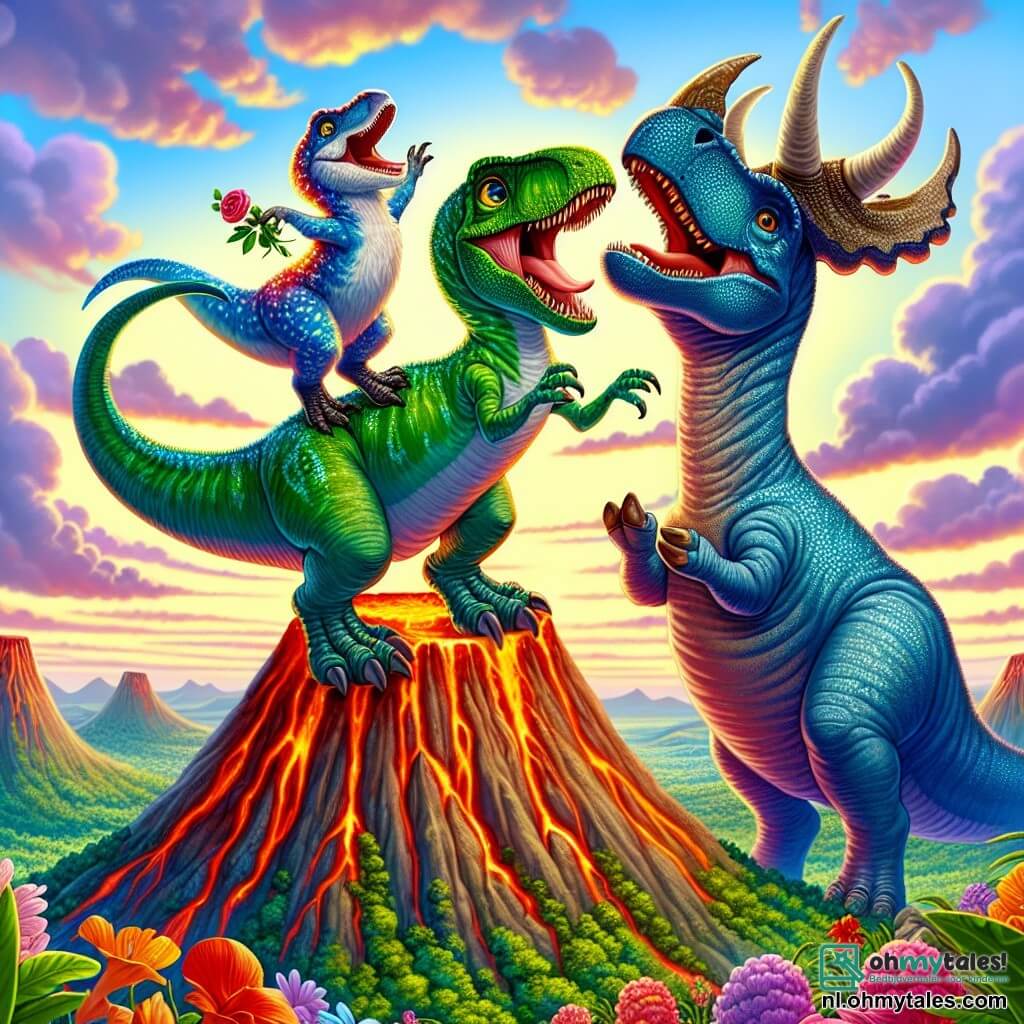 Une illustration sous forme de dessin destinée aux enfants représentant une scène vibrante au sommet d'une grande vulcan, où un vélociraptor aux écailles vertes brillantes et aux yeux pétillants danse joyeusement avec un brontosaurus au long cou, dont la peau est d'un bleu doux, tandis qu'une triceratops aux cornes majestueuses les rejoint en chantant, tous célébrant leur amitié et leur courage après avoir calmé la colère de la volcan, avec des nuages colorés flottant dans le ciel et des fleurs éclatantes entourant le paysage.