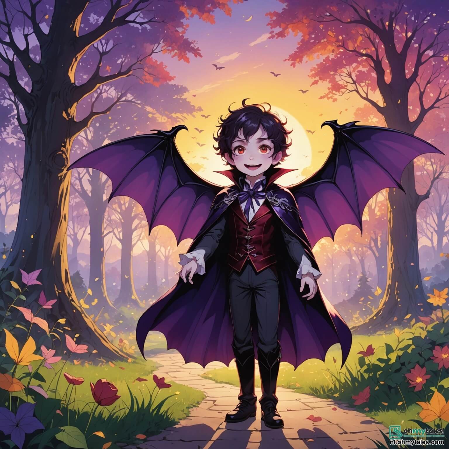 Une illustration destinée aux enfants représentant un vampire au grand sourire, avec une peau d’un violet éclatant et des ailes multicolores qui scintillent sous les rayons d’un soleil couchant, se tenant au bord d’une clairière enchantée où des arbres aux feuilles en forme de bonbons dansent au rythme d’une douce mélodie, entouré de ses amis, une petite fille pleine de curiosité aux cheveux bouclés et une créature glibberig, un garçon aux yeux pétillants, tous deux prêts à l’aider à organiser un grand festival de danse pour célébrer l’amitié et la joie dans ce monde féerique rempli de couleurs éclatantes et de rires résonnants.