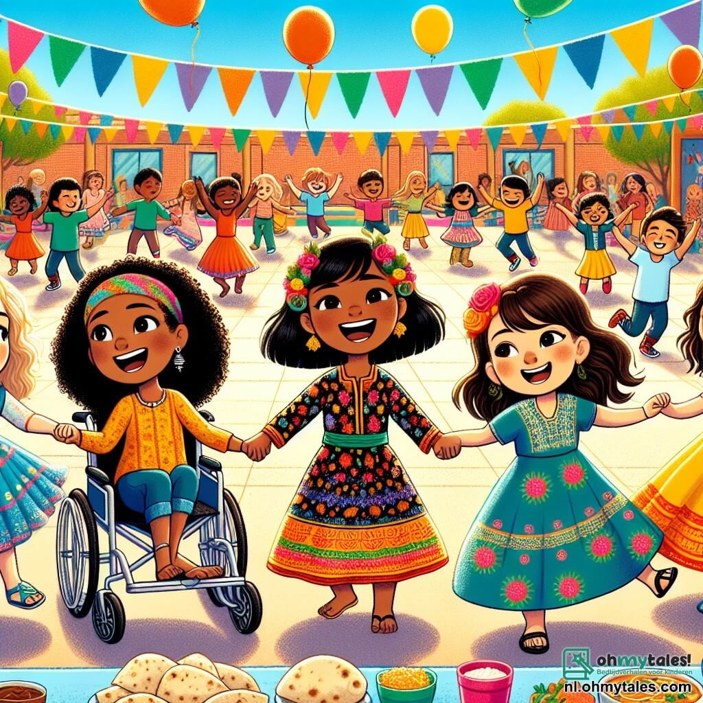 Illustratie van een levendige scène van een culturele feest in een zonnige schoolyard, versierd met kleurrijke vlaggen en zwevende ballonnen. In het midden staat een groep van vier vriendinnen hand in hand, omringd door kinderen van verschillende afkomst die vrolijk dansen. Een meisje met bruin, krullend haar van ongeveer 10 jaar oud draagt een traditionele Indiase jurk met kleurrijke patronen en glimlacht enthousiast. Naast haar staat een meisje met zwart, steil haar van Midden-Oosterse afkomst, gekleed in een tuniek met bloemenmotieven, en maakt energieke dansbewegingen. Een ander meisje, ongeveer 10 jaar oud, met blond haar en een lichte huid, zit in een rolstoel, lacht en moedigt anderen aan om te dansen. Ten slotte draagt een meisje met kastanjebruin, krullend haar van Latijns-Amerikaanse afkomst een kleurrijke rok en houdt tortilla's vast, klaar om deze met haar vrienden te delen. De scène straalt vreugde en eenheid uit, met kinderen van diverse afkomst die samen dansen en een regenboog van culturen creëren. Op de achtergrond staan tafels vol traditionele gerechten, zoals samosa's en falafels, terwijl kinderen lachen en plezier maken, wat de schoonheid van diversiteit en vriendschap illustreert.