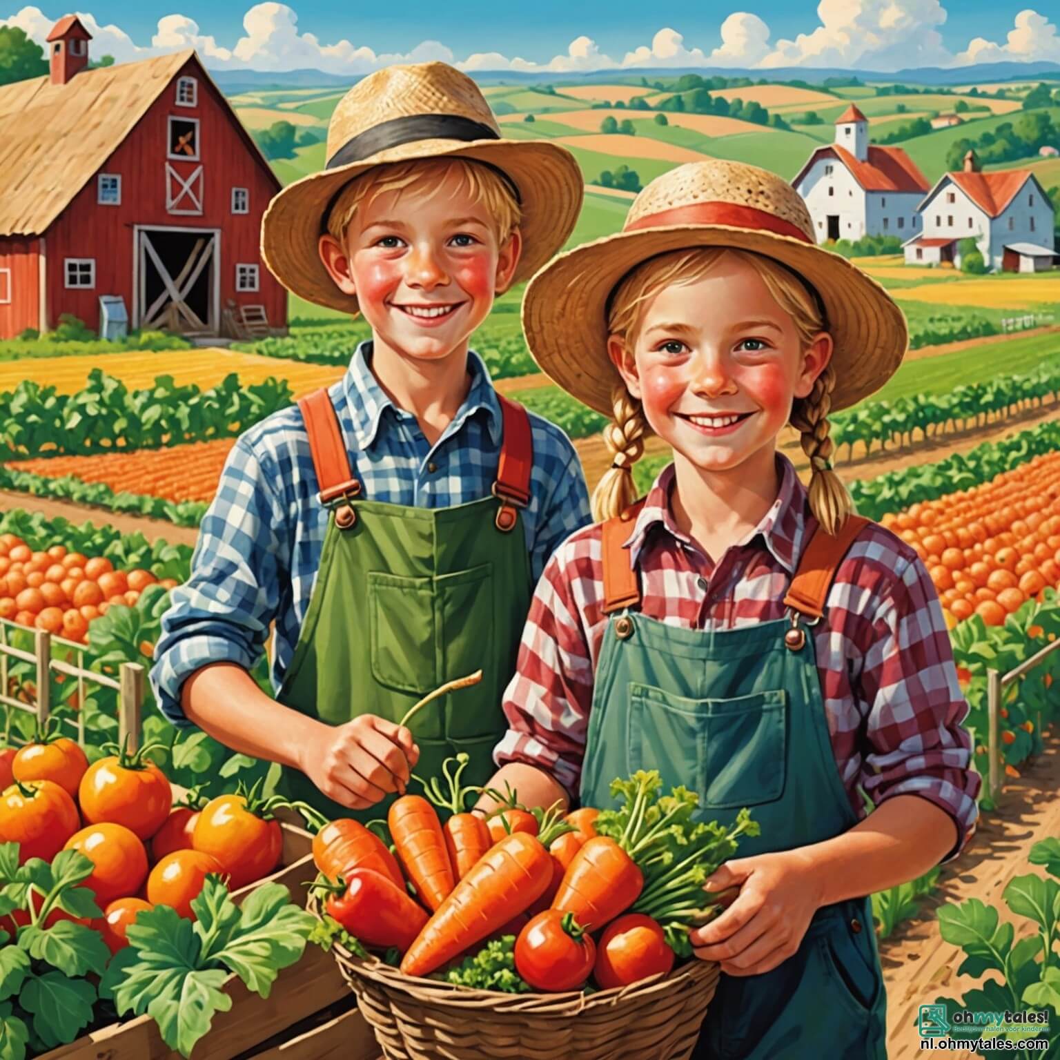 Une illustration destinée aux enfants représentant un homme au sourire chaleureux, vêtu d'une chemise à carreaux et d'un chapeau de paille, travaillant avec enthousiasme dans sa vaste ferme colorée, entouré de champs verdoyants où poussent des légumes éclatants comme des carottes orange vif et des tomates rouges juteuses, tandis que deux enfants, un garçon aux cheveux blonds et une fille aux tresses brunes, l'observent avec des yeux émerveillés, fascinés par les animaux de la ferme, comme les poules picorant le sol et la douce vache au pelage brun, le tout sous un ciel bleu azur parsemé de nuages cotonneux, créant une scène joyeuse et animée qui célèbre la vie à la campagne.